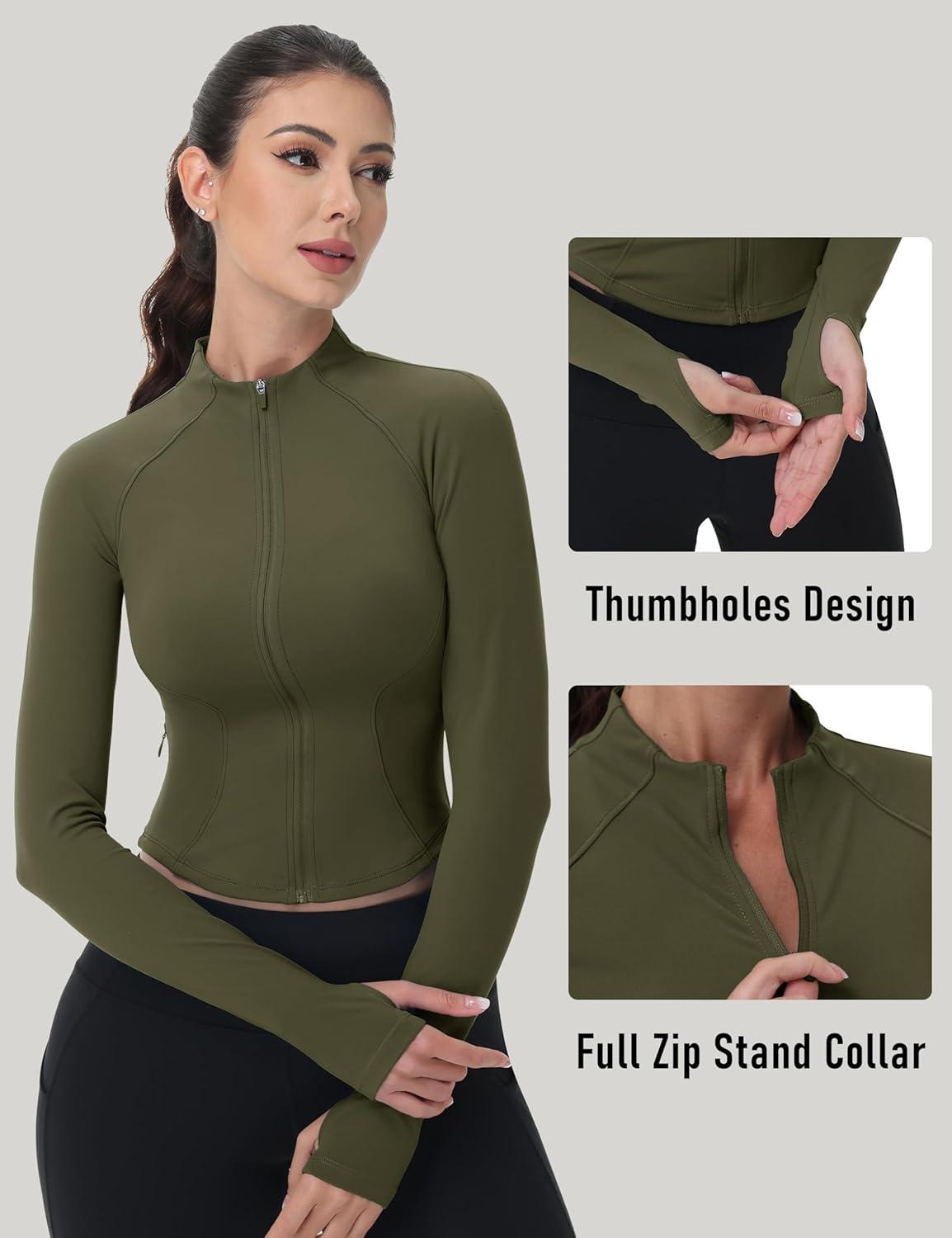 imageMAGCOMSEN Womens Lightweight Athletic Jacket Cropped Zip Up Workout Jackets Long Sleeve Yoga Tops Slim Fit Running GymArmy Green