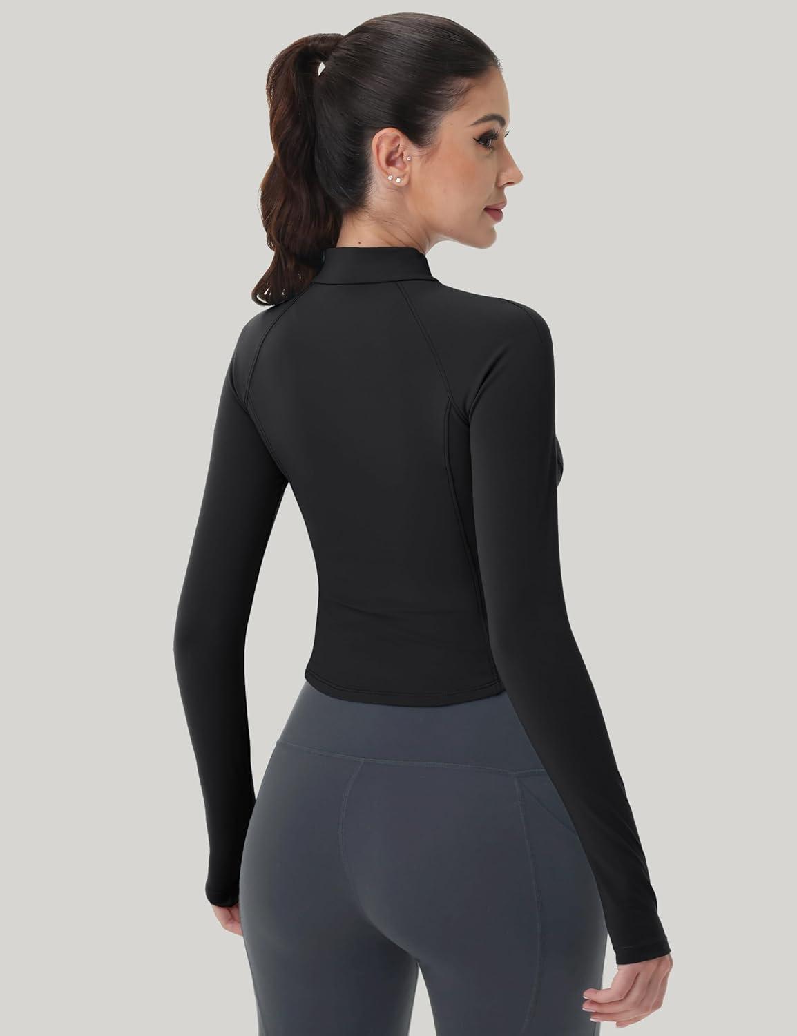 imageMAGCOMSEN Womens Lightweight Athletic Jacket Cropped Zip Up Workout Jackets Long Sleeve Yoga Tops Slim Fit Running GymBlack