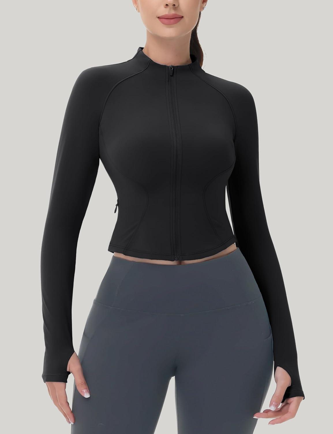 imageMAGCOMSEN Womens Lightweight Athletic Jacket Cropped Zip Up Workout Jackets Long Sleeve Yoga Tops Slim Fit Running GymBlack