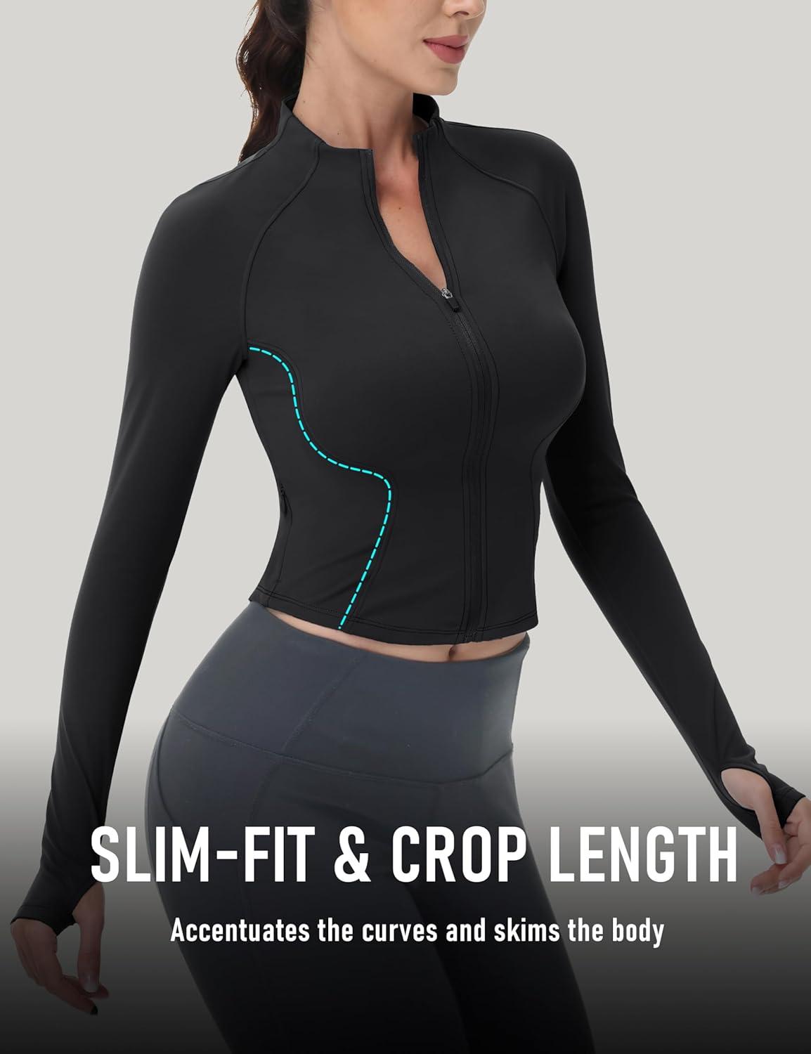 imageMAGCOMSEN Womens Lightweight Athletic Jacket Cropped Zip Up Workout Jackets Long Sleeve Yoga Tops Slim Fit Running GymBlack