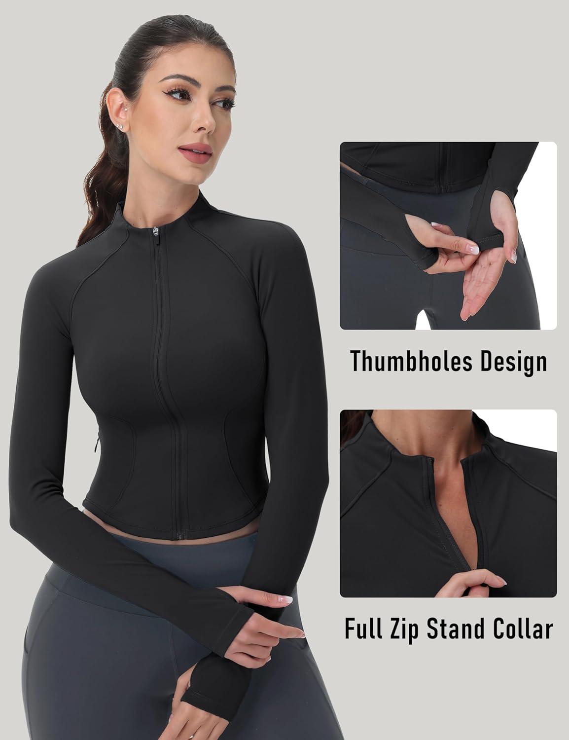 imageMAGCOMSEN Womens Lightweight Athletic Jacket Cropped Zip Up Workout Jackets Long Sleeve Yoga Tops Slim Fit Running GymBlack