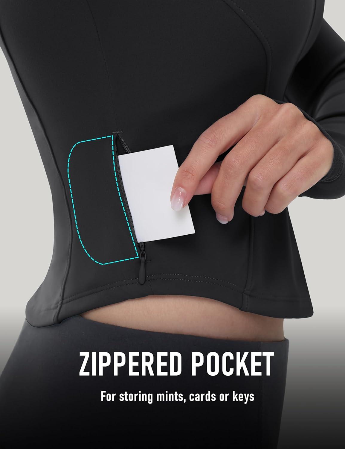 imageMAGCOMSEN Womens Lightweight Athletic Jacket Cropped Zip Up Workout Jackets Long Sleeve Yoga Tops Slim Fit Running GymBlack