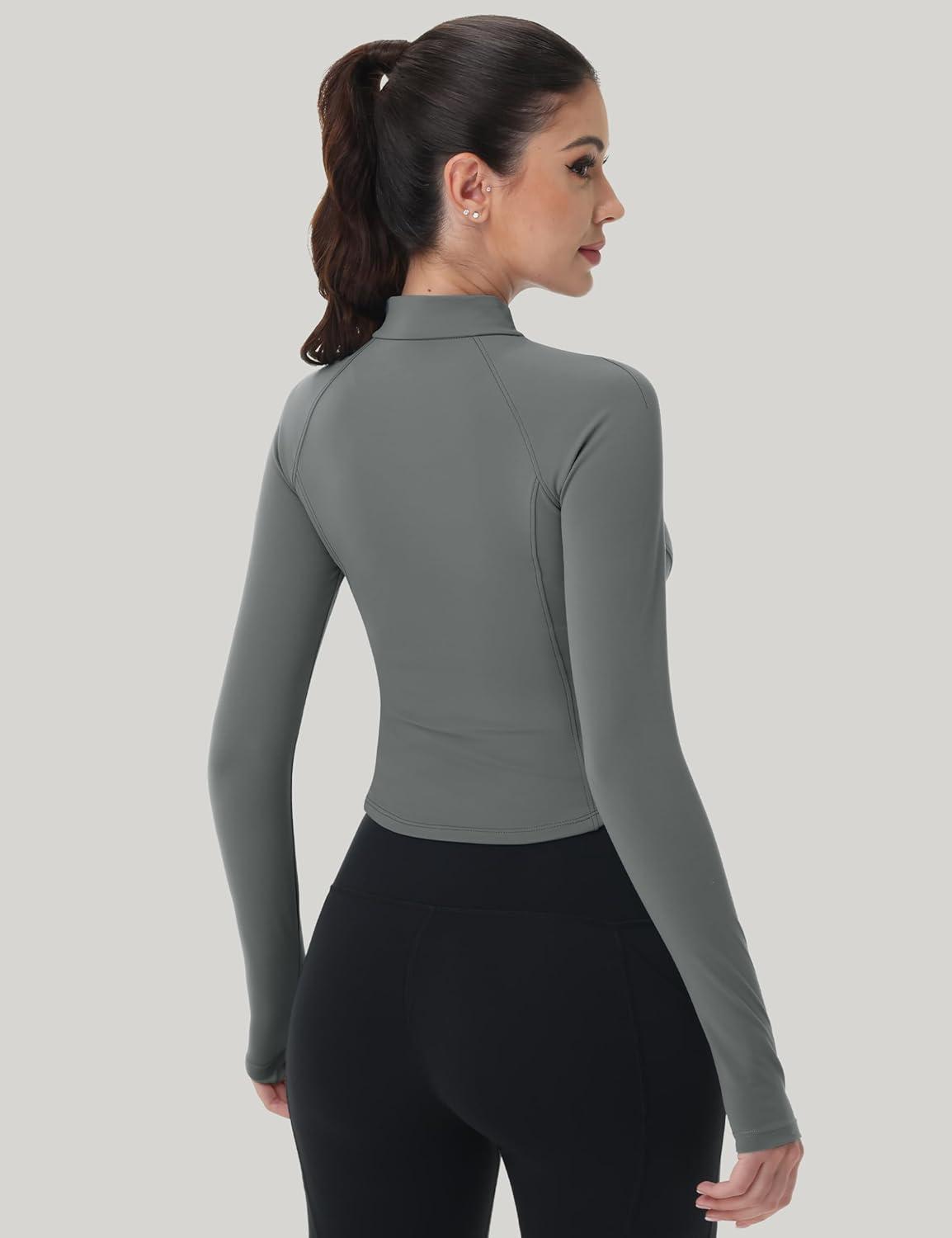 imageMAGCOMSEN Womens Lightweight Athletic Jacket Cropped Zip Up Workout Jackets Long Sleeve Yoga Tops Slim Fit Running GymGrey