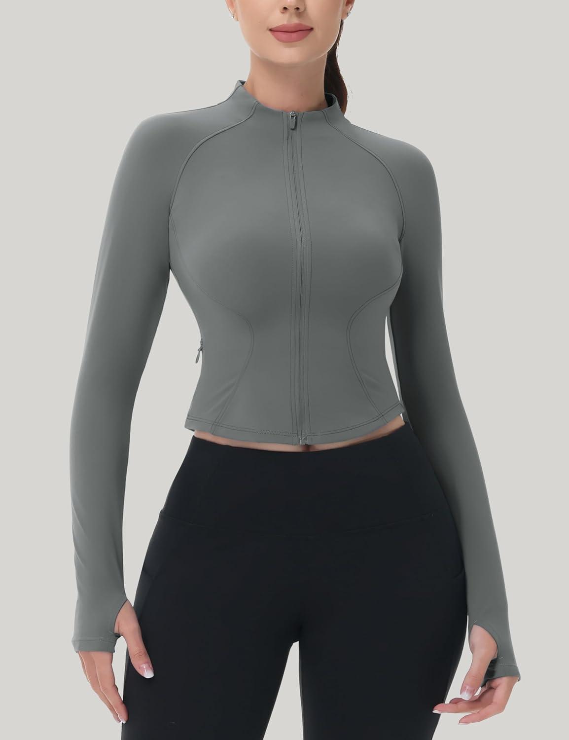 imageMAGCOMSEN Womens Lightweight Athletic Jacket Cropped Zip Up Workout Jackets Long Sleeve Yoga Tops Slim Fit Running GymGrey