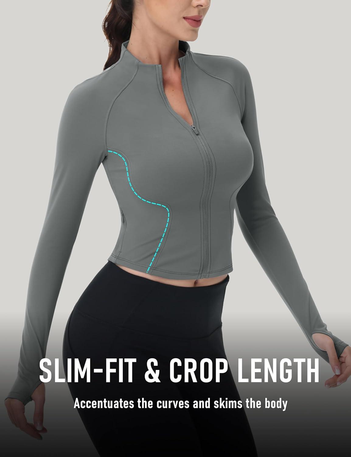 imageMAGCOMSEN Womens Lightweight Athletic Jacket Cropped Zip Up Workout Jackets Long Sleeve Yoga Tops Slim Fit Running GymGrey