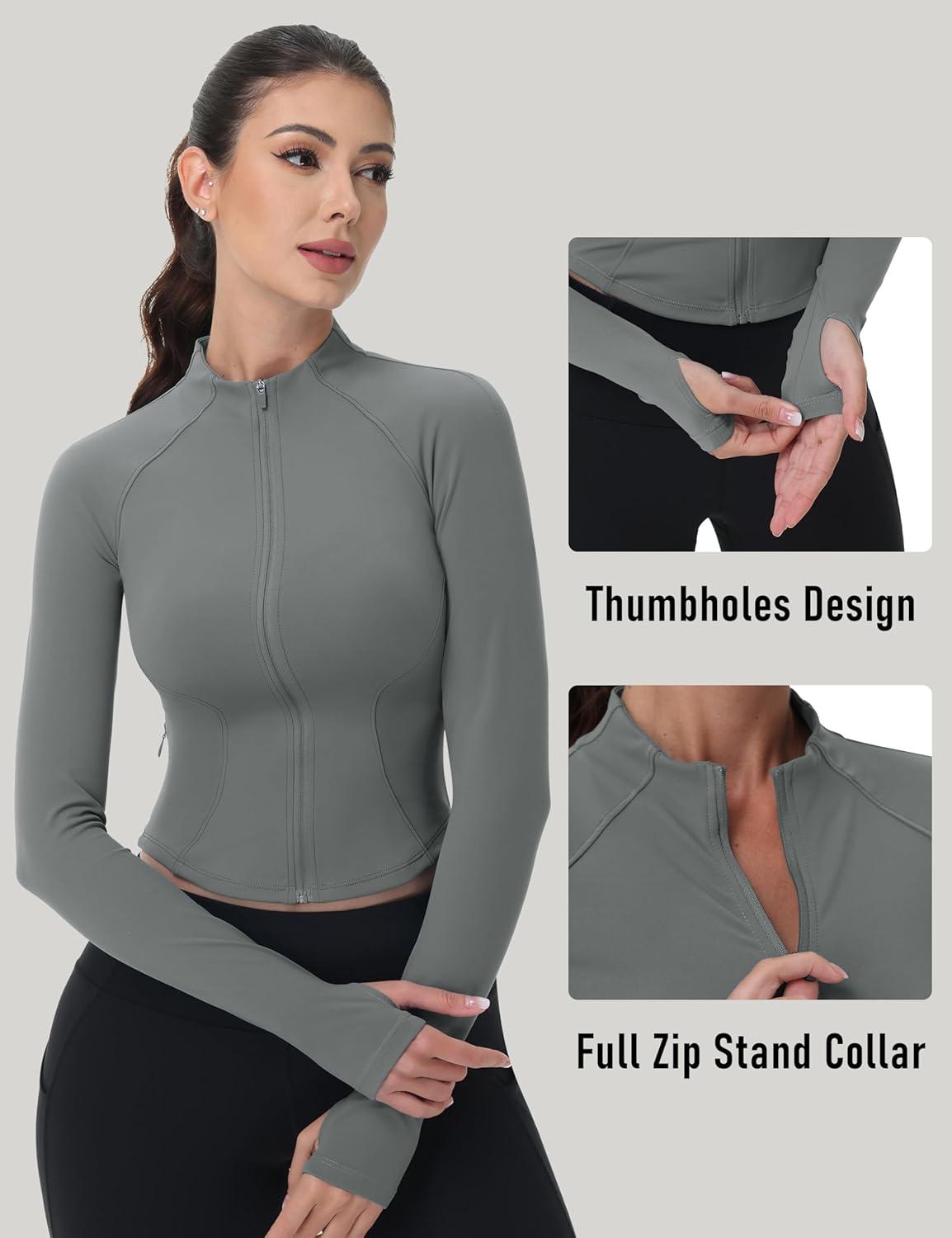 imageMAGCOMSEN Womens Lightweight Athletic Jacket Cropped Zip Up Workout Jackets Long Sleeve Yoga Tops Slim Fit Running GymGrey