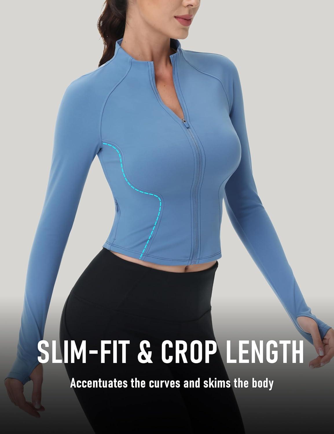 imageMAGCOMSEN Womens Lightweight Athletic Jacket Cropped Zip Up Workout Jackets Long Sleeve Yoga Tops Slim Fit Running GymHaze Blue