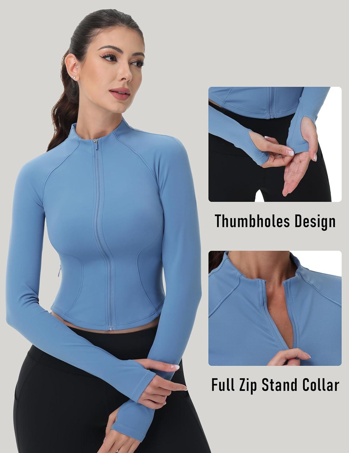 imageMAGCOMSEN Womens Lightweight Athletic Jacket Cropped Zip Up Workout Jackets Long Sleeve Yoga Tops Slim Fit Running GymHaze Blue