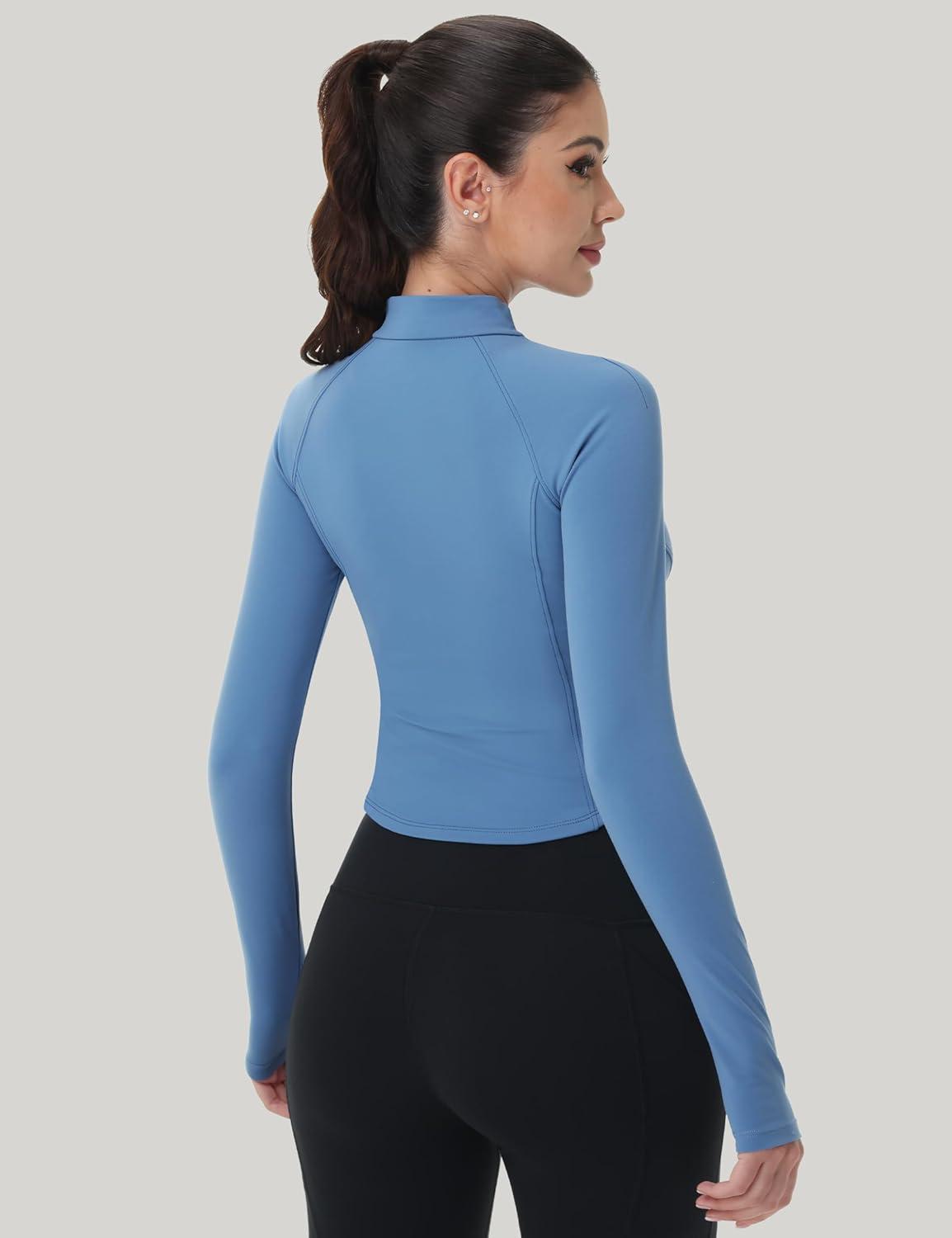 imageMAGCOMSEN Womens Lightweight Athletic Jacket Cropped Zip Up Workout Jackets Long Sleeve Yoga Tops Slim Fit Running GymHaze Blue