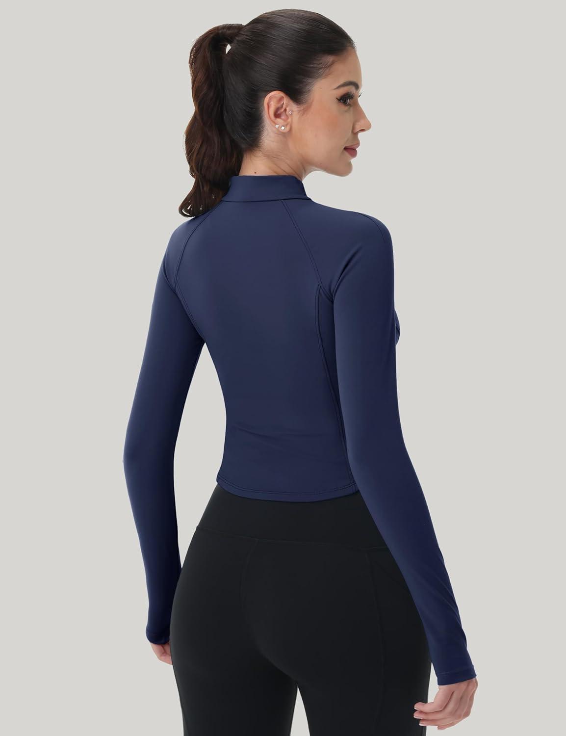 imageMAGCOMSEN Womens Lightweight Athletic Jacket Cropped Zip Up Workout Jackets Long Sleeve Yoga Tops Slim Fit Running GymNavy