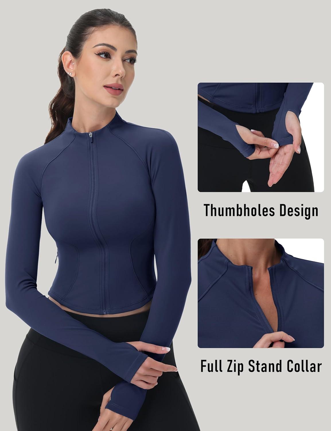 imageMAGCOMSEN Womens Lightweight Athletic Jacket Cropped Zip Up Workout Jackets Long Sleeve Yoga Tops Slim Fit Running GymNavy