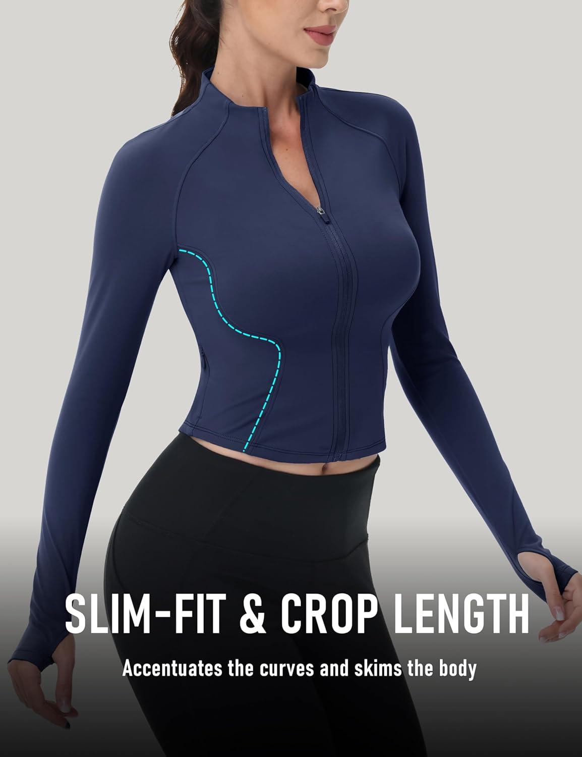 imageMAGCOMSEN Womens Lightweight Athletic Jacket Cropped Zip Up Workout Jackets Long Sleeve Yoga Tops Slim Fit Running GymNavy