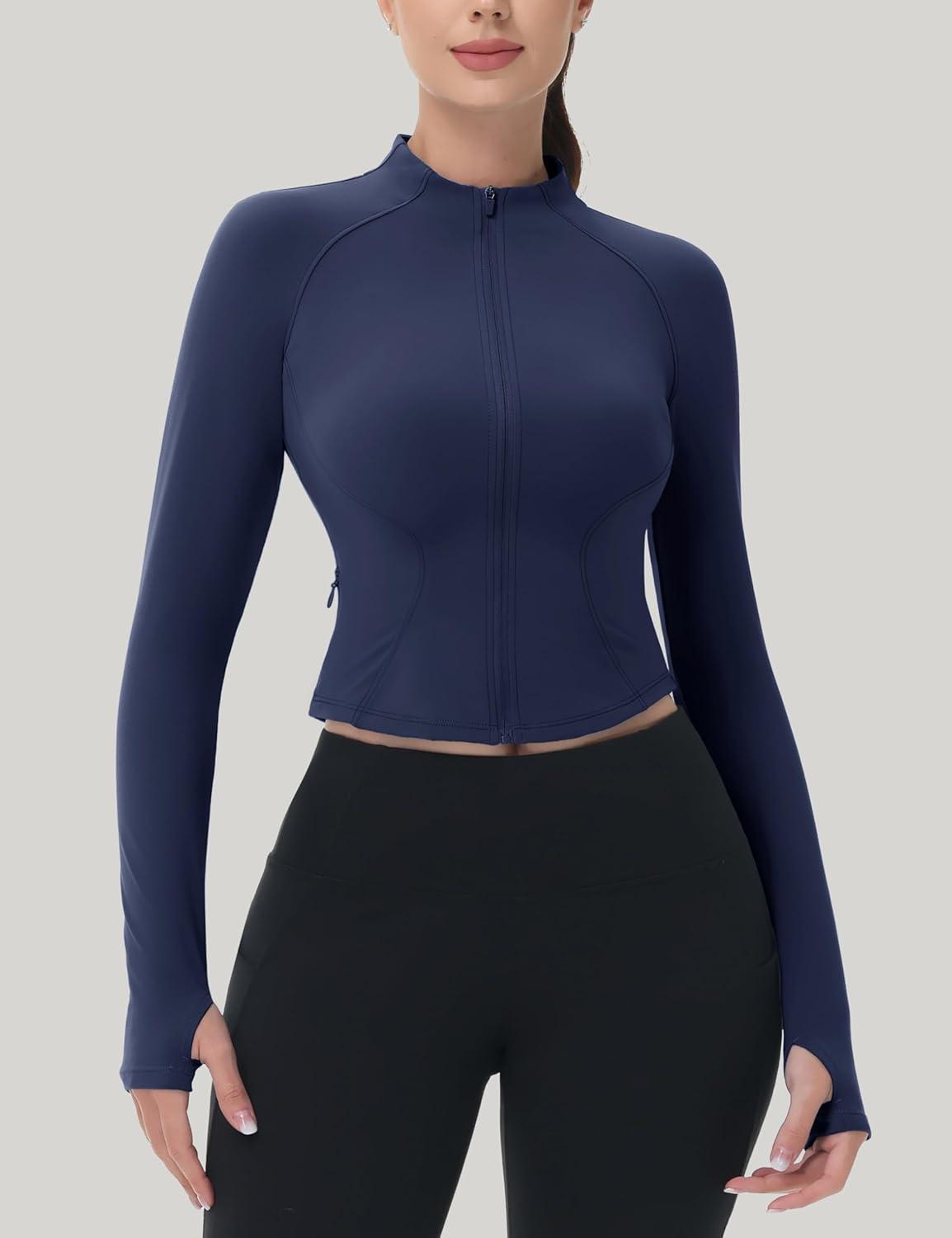 imageMAGCOMSEN Womens Lightweight Athletic Jacket Cropped Zip Up Workout Jackets Long Sleeve Yoga Tops Slim Fit Running GymNavy