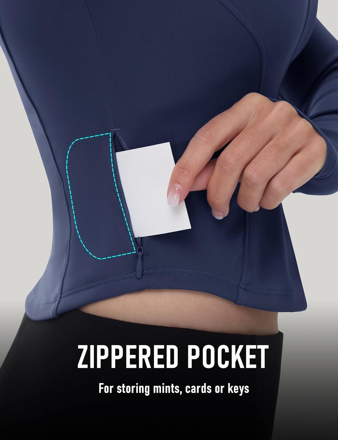 imageMAGCOMSEN Womens Lightweight Athletic Jacket Cropped Zip Up Workout Jackets Long Sleeve Yoga Tops Slim Fit Running GymNavy