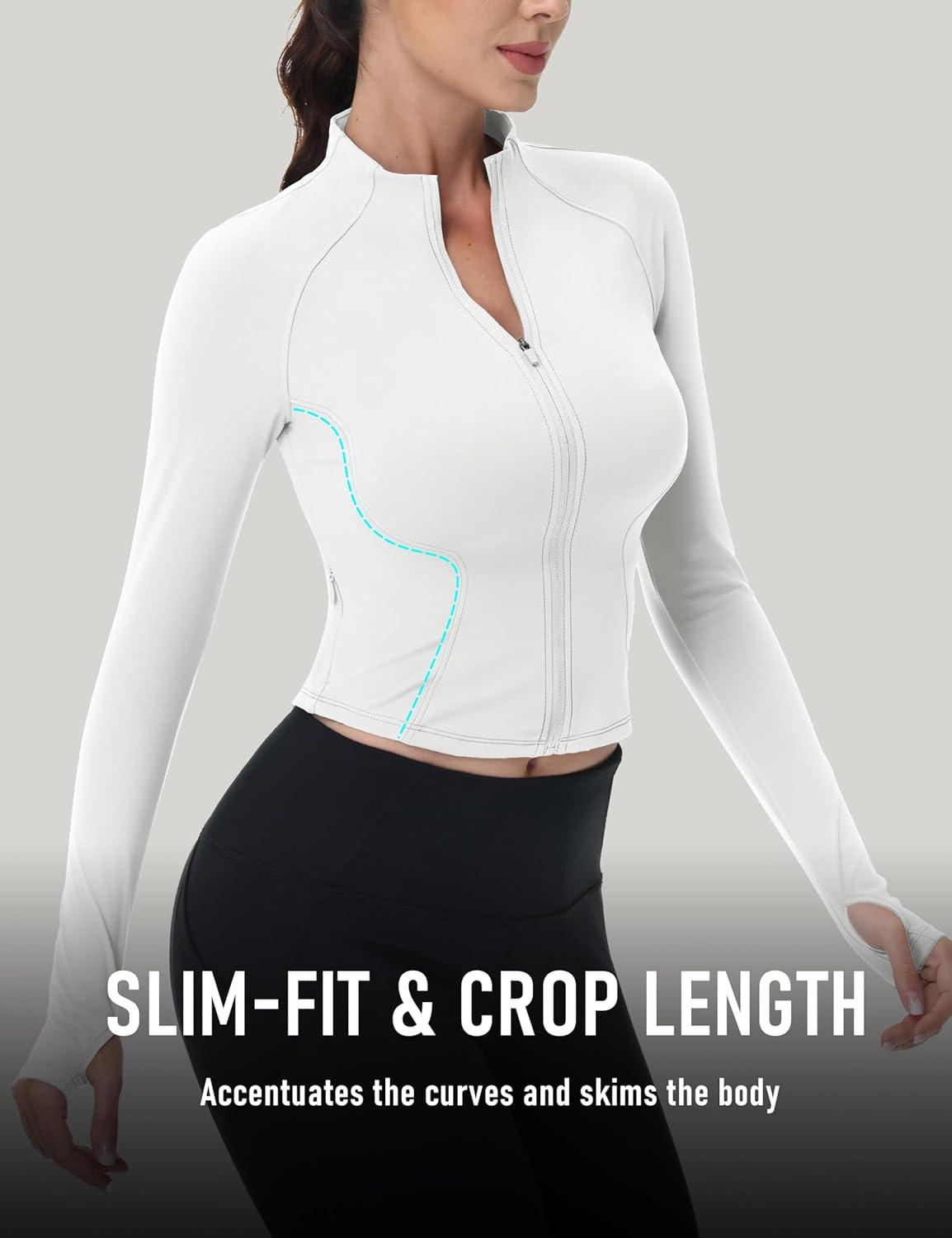imageMAGCOMSEN Womens Lightweight Athletic Jacket Cropped Zip Up Workout Jackets Long Sleeve Yoga Tops Slim Fit Running GymWhite