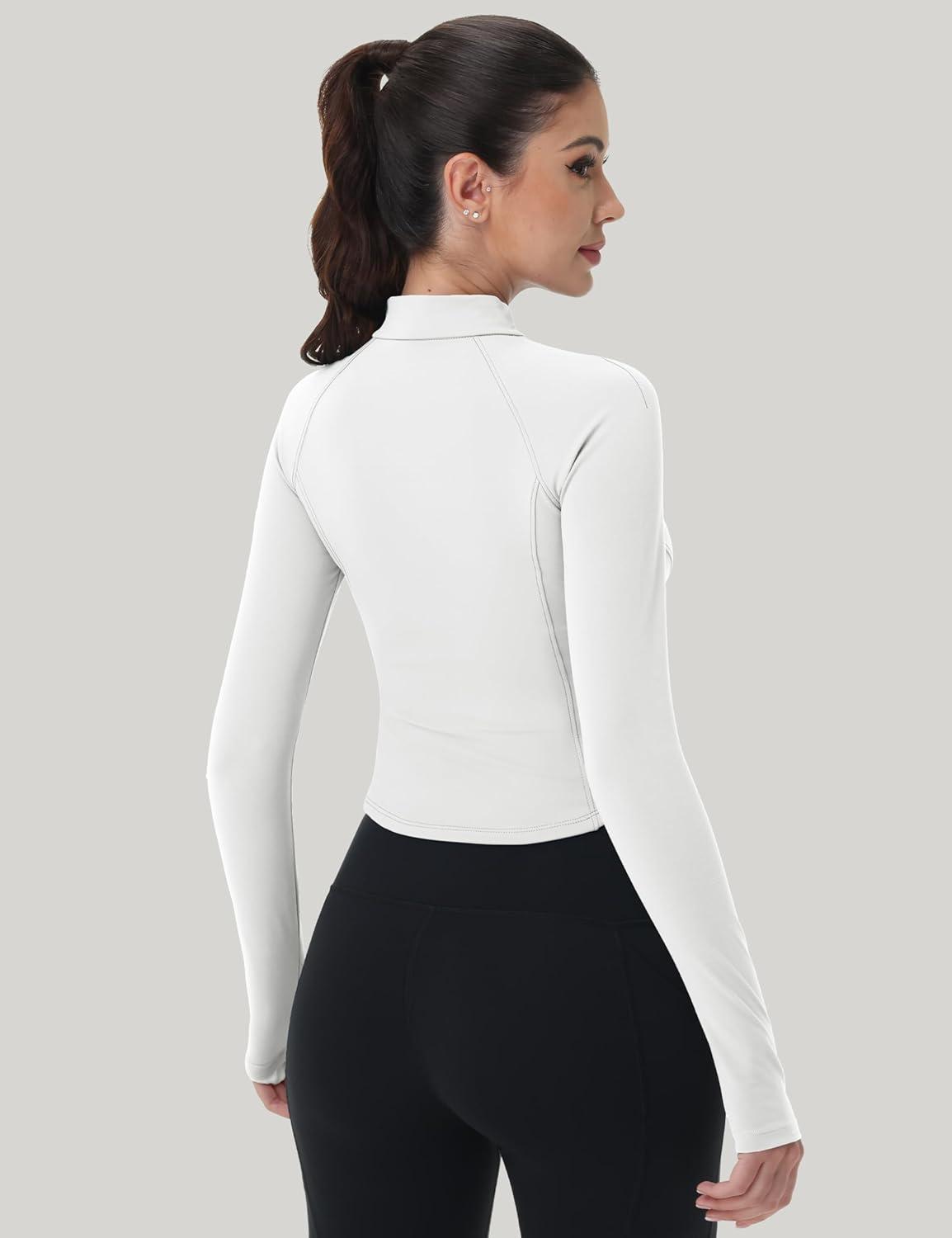 imageMAGCOMSEN Womens Lightweight Athletic Jacket Cropped Zip Up Workout Jackets Long Sleeve Yoga Tops Slim Fit Running GymWhite