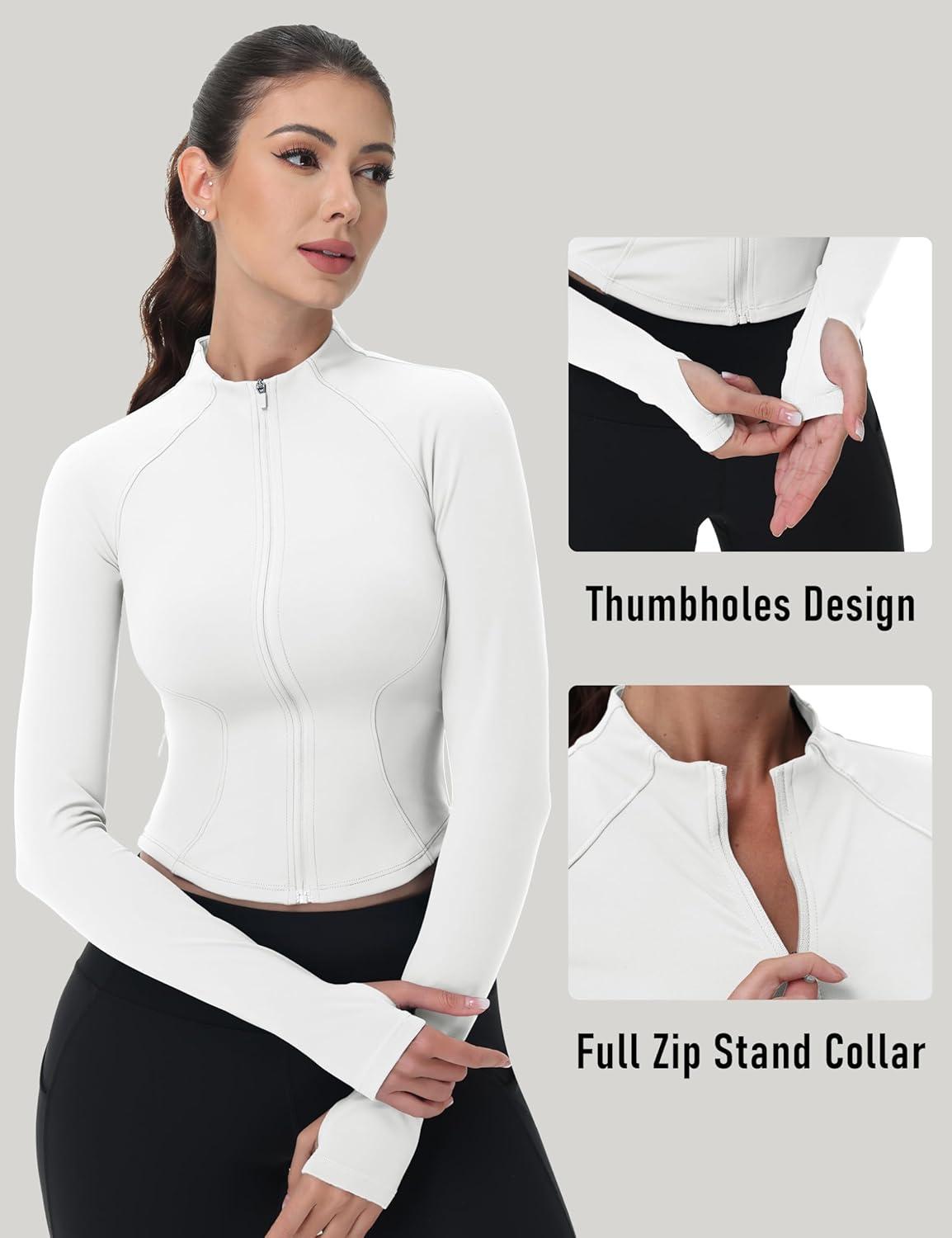imageMAGCOMSEN Womens Lightweight Athletic Jacket Cropped Zip Up Workout Jackets Long Sleeve Yoga Tops Slim Fit Running GymWhite