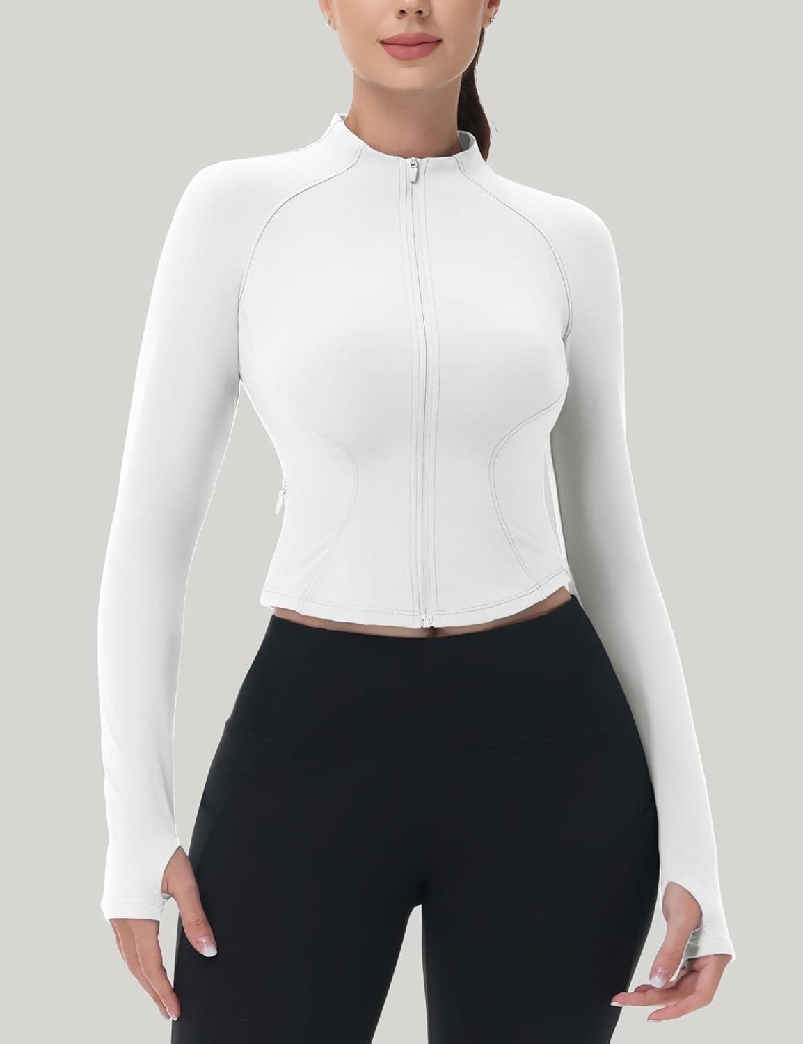 imageMAGCOMSEN Womens Lightweight Athletic Jacket Cropped Zip Up Workout Jackets Long Sleeve Yoga Tops Slim Fit Running GymWhite