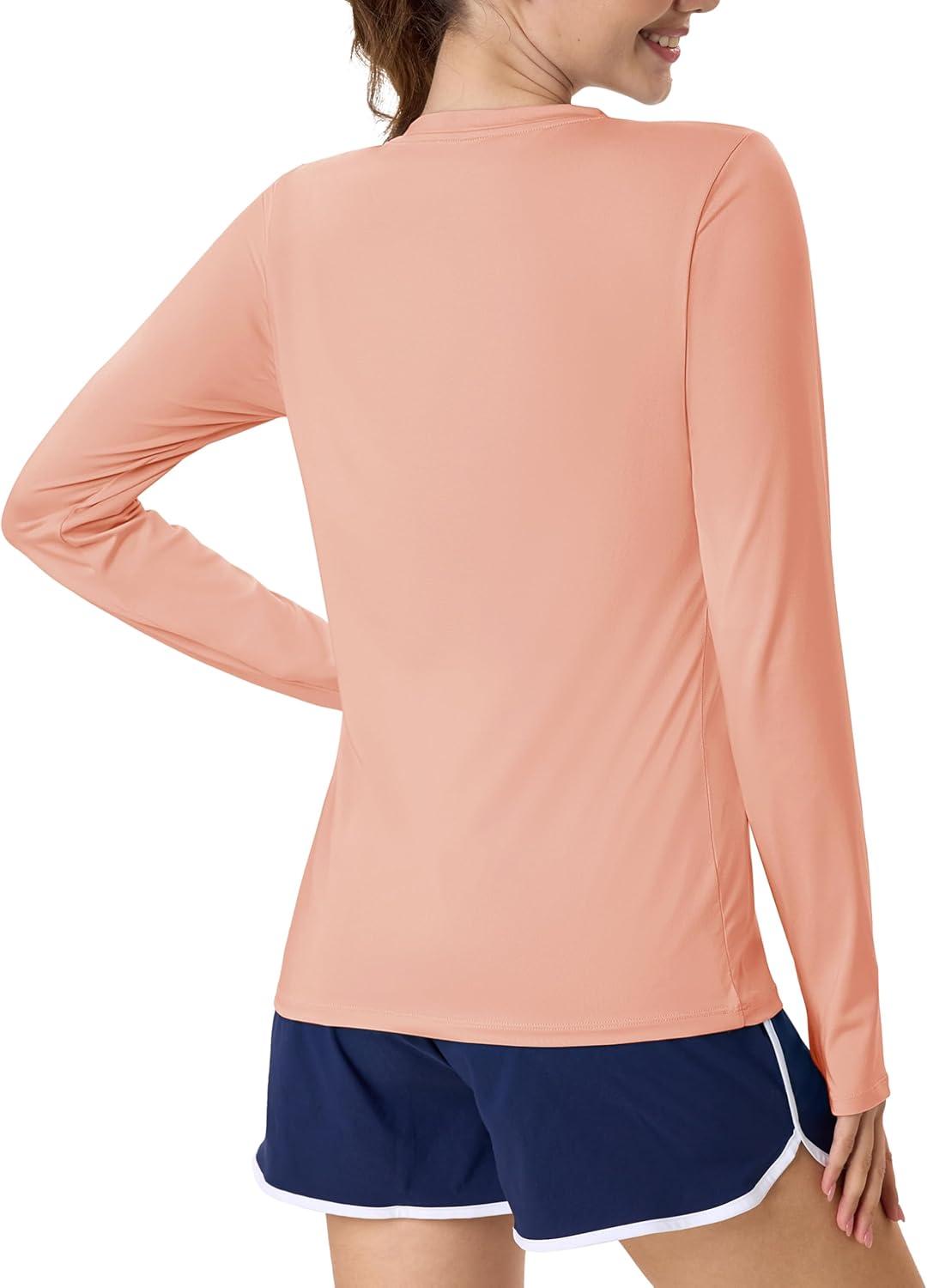 imageMAGCOMSEN Womens Long Sleeve Shirts UPF 80 Quick Dry Athletic Workout Tee Shirts with Thumb Holes Rash Guard Swim TopsApricot