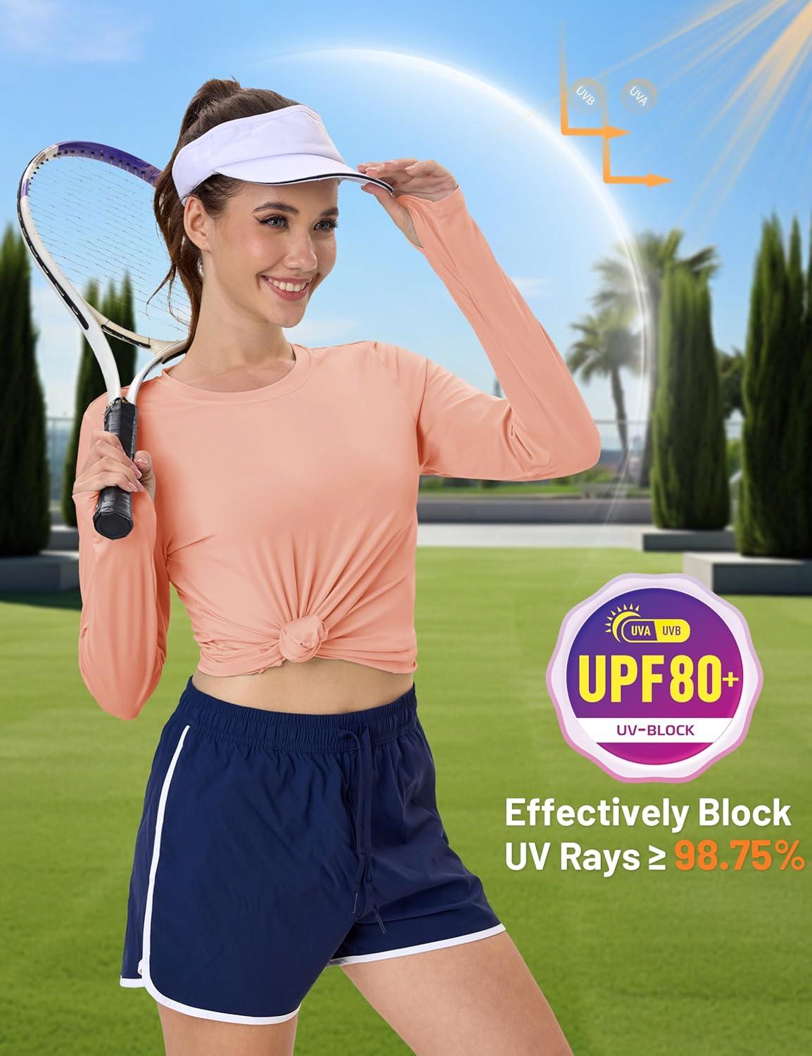 imageMAGCOMSEN Womens Long Sleeve Shirts UPF 80 Quick Dry Athletic Workout Tee Shirts with Thumb Holes Rash Guard Swim TopsApricot