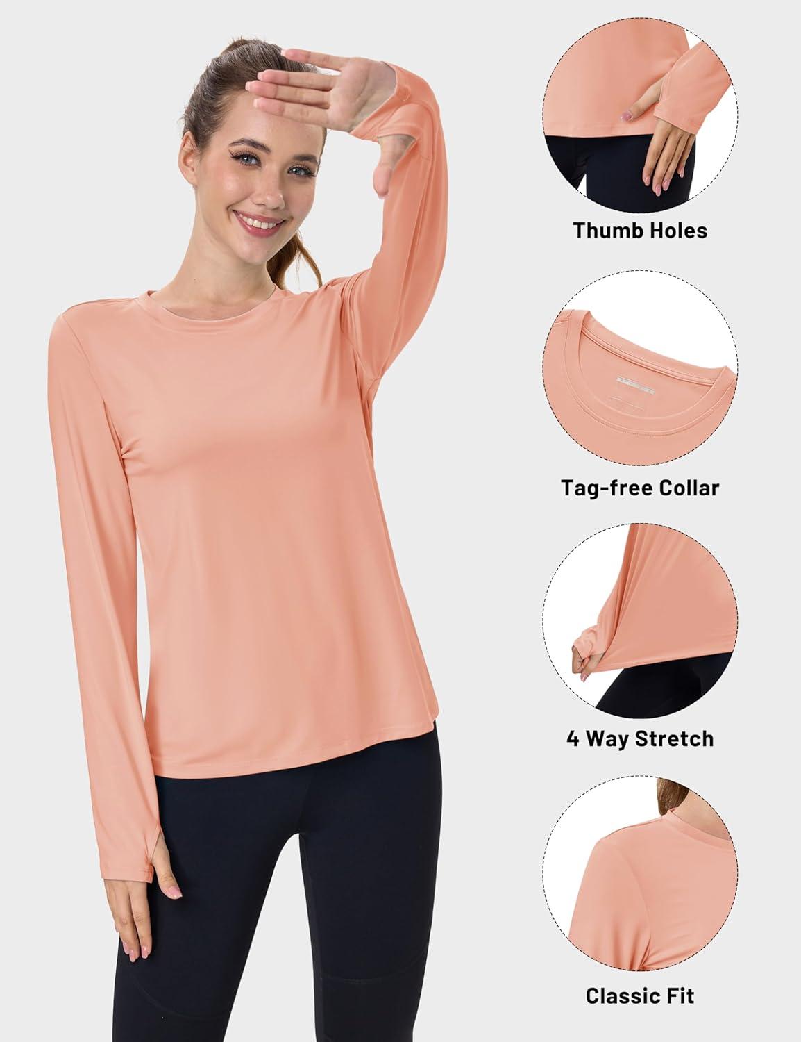 imageMAGCOMSEN Womens Long Sleeve Shirts UPF 80 Quick Dry Athletic Workout Tee Shirts with Thumb Holes Rash Guard Swim TopsApricot