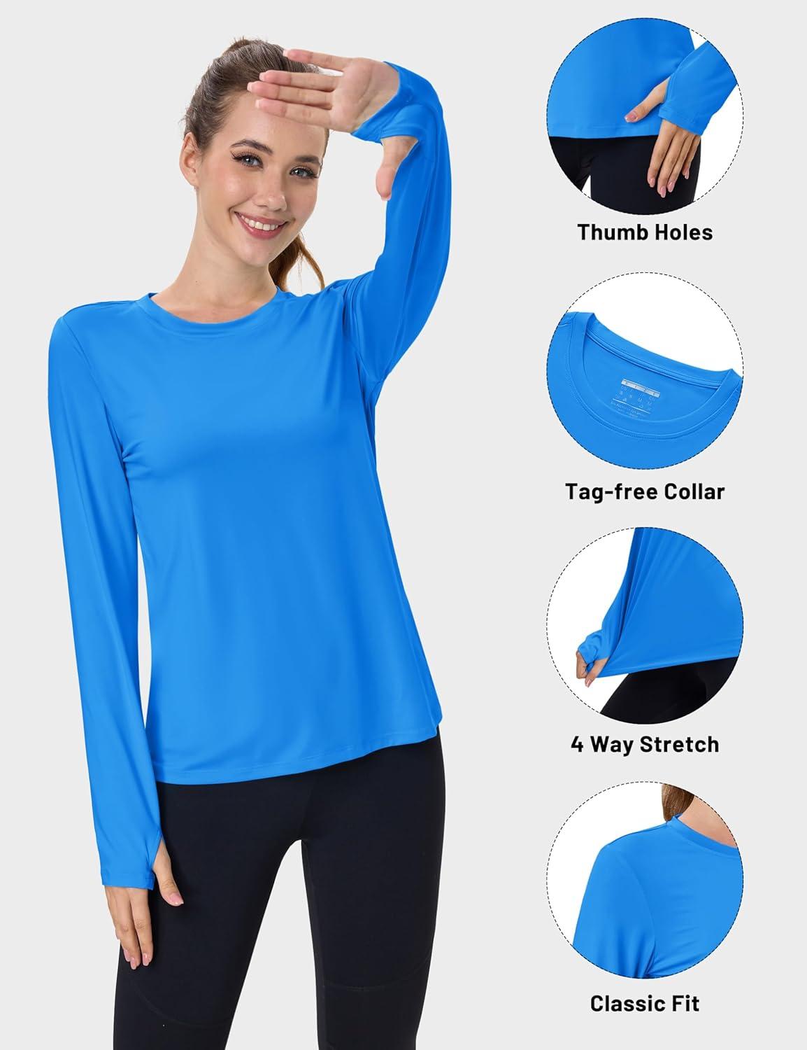 imageMAGCOMSEN Womens Long Sleeve Shirts UPF 80 Quick Dry Athletic Workout Tee Shirts with Thumb Holes Rash Guard Swim TopsAzure