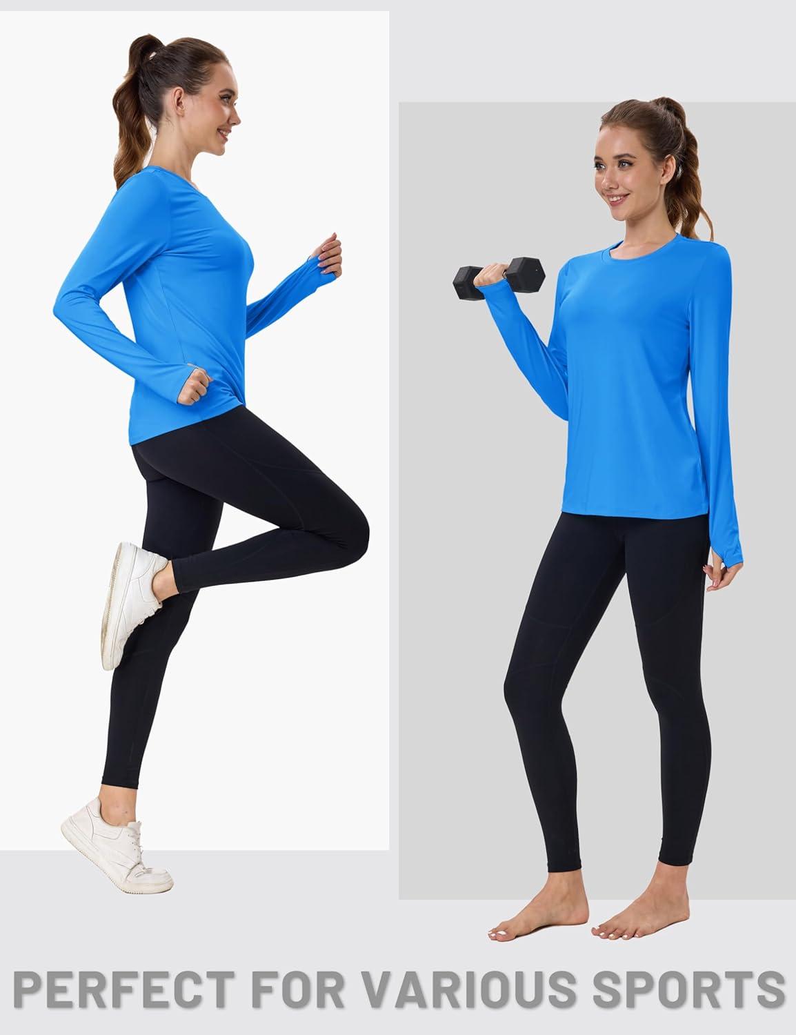imageMAGCOMSEN Womens Long Sleeve Shirts UPF 80 Quick Dry Athletic Workout Tee Shirts with Thumb Holes Rash Guard Swim TopsAzure