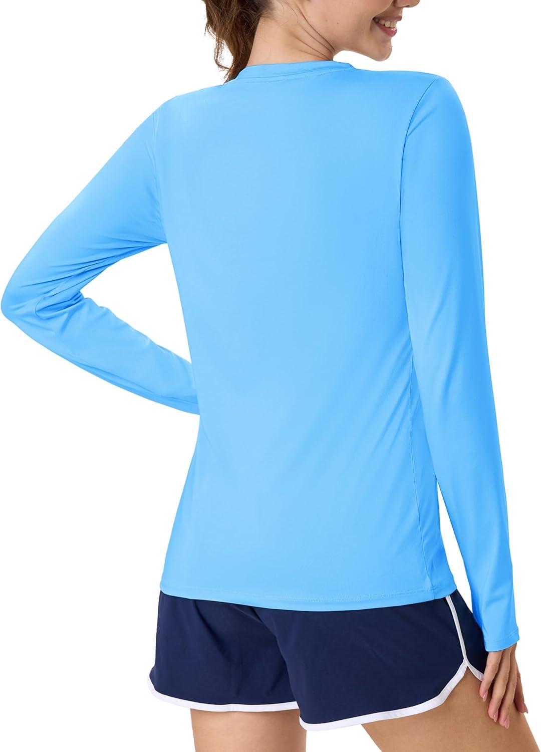 imageMAGCOMSEN Womens Long Sleeve Shirts UPF 80 Quick Dry Athletic Workout Tee Shirts with Thumb Holes Rash Guard Swim TopsBlue