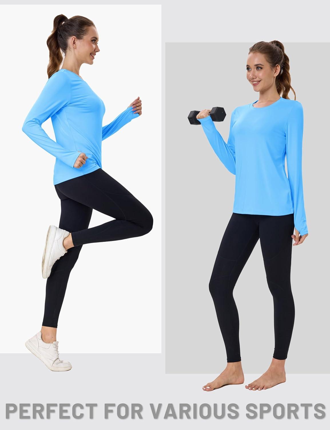 imageMAGCOMSEN Womens Long Sleeve Shirts UPF 80 Quick Dry Athletic Workout Tee Shirts with Thumb Holes Rash Guard Swim TopsBlue