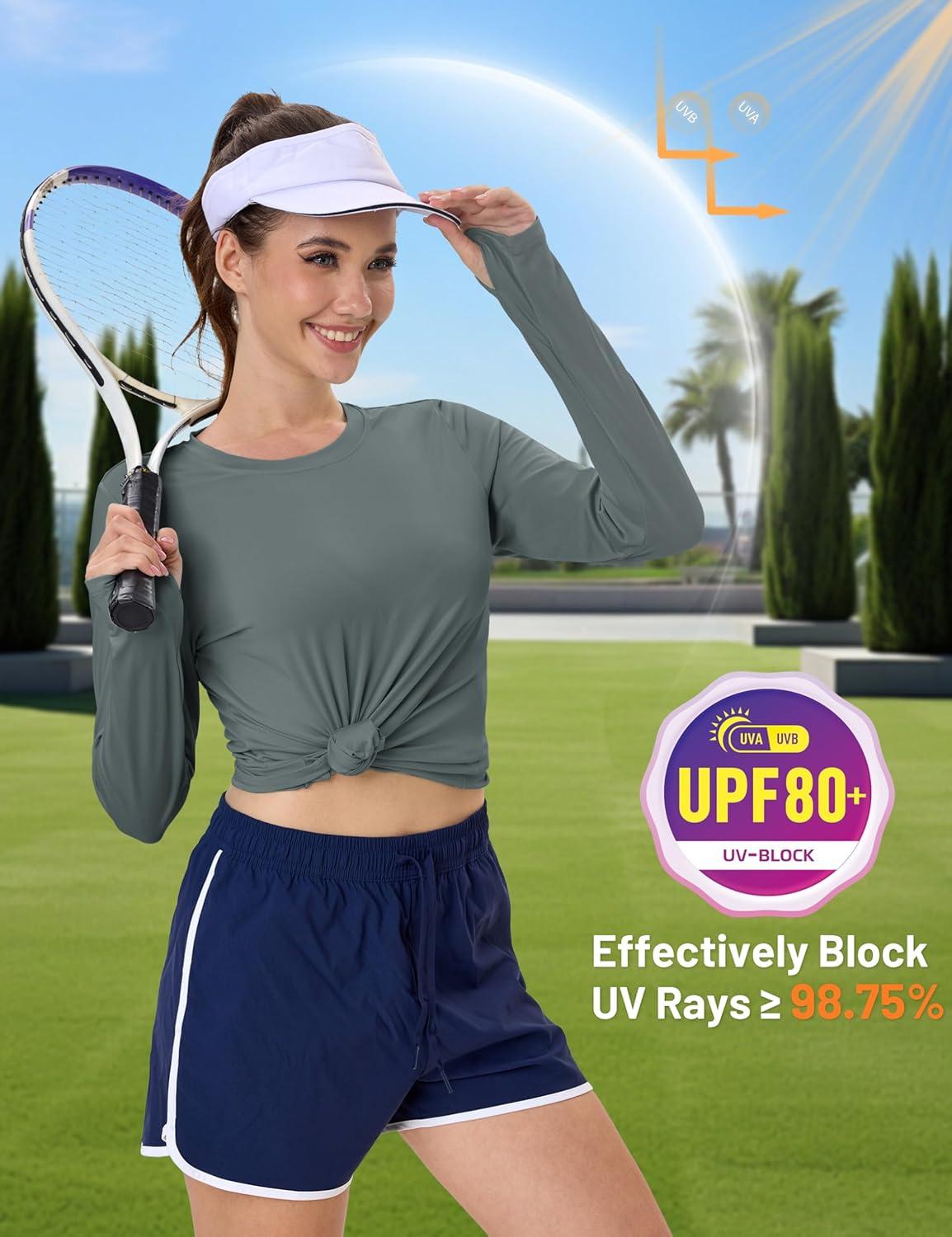 imageMAGCOMSEN Womens Long Sleeve Shirts UPF 80 Quick Dry Athletic Workout Tee Shirts with Thumb Holes Rash Guard Swim TopsDark Grey