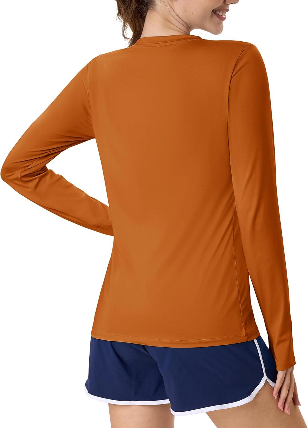 imageMAGCOMSEN Womens Long Sleeve Shirts UPF 80 Quick Dry Athletic Workout Tee Shirts with Thumb Holes Rash Guard Swim TopsDark Orange