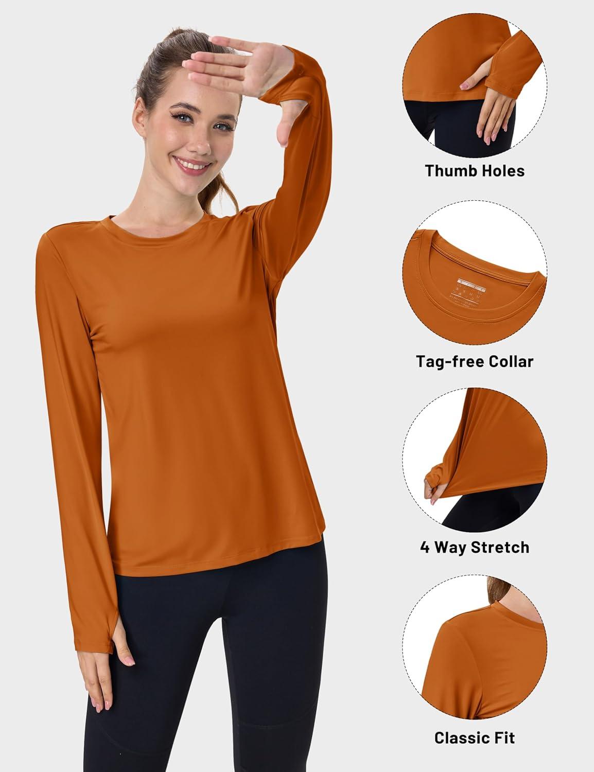 imageMAGCOMSEN Womens Long Sleeve Shirts UPF 80 Quick Dry Athletic Workout Tee Shirts with Thumb Holes Rash Guard Swim TopsDark Orange