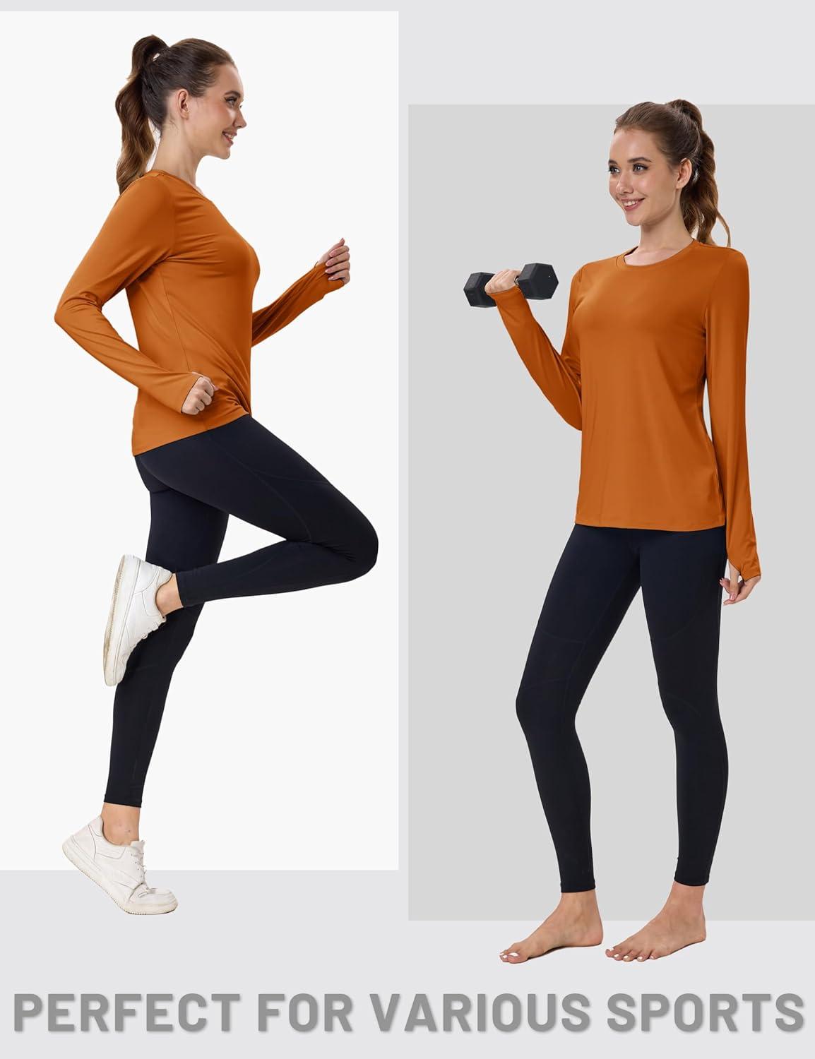imageMAGCOMSEN Womens Long Sleeve Shirts UPF 80 Quick Dry Athletic Workout Tee Shirts with Thumb Holes Rash Guard Swim TopsDark Orange