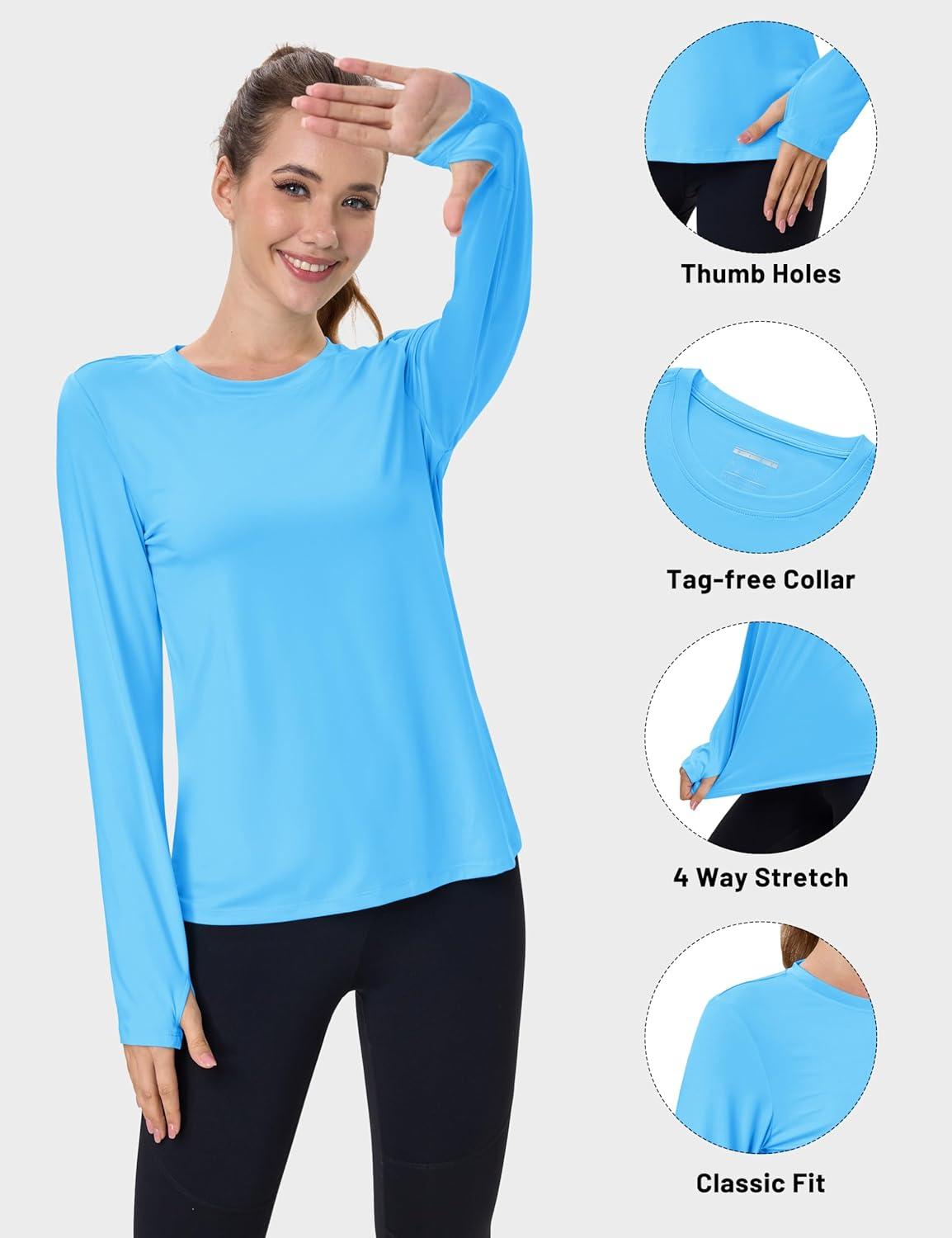 imageMAGCOMSEN Womens Long Sleeve Shirts UPF 80 Quick Dry Athletic Workout Tee Shirts with Thumb Holes Rash Guard Swim TopsIce Blue