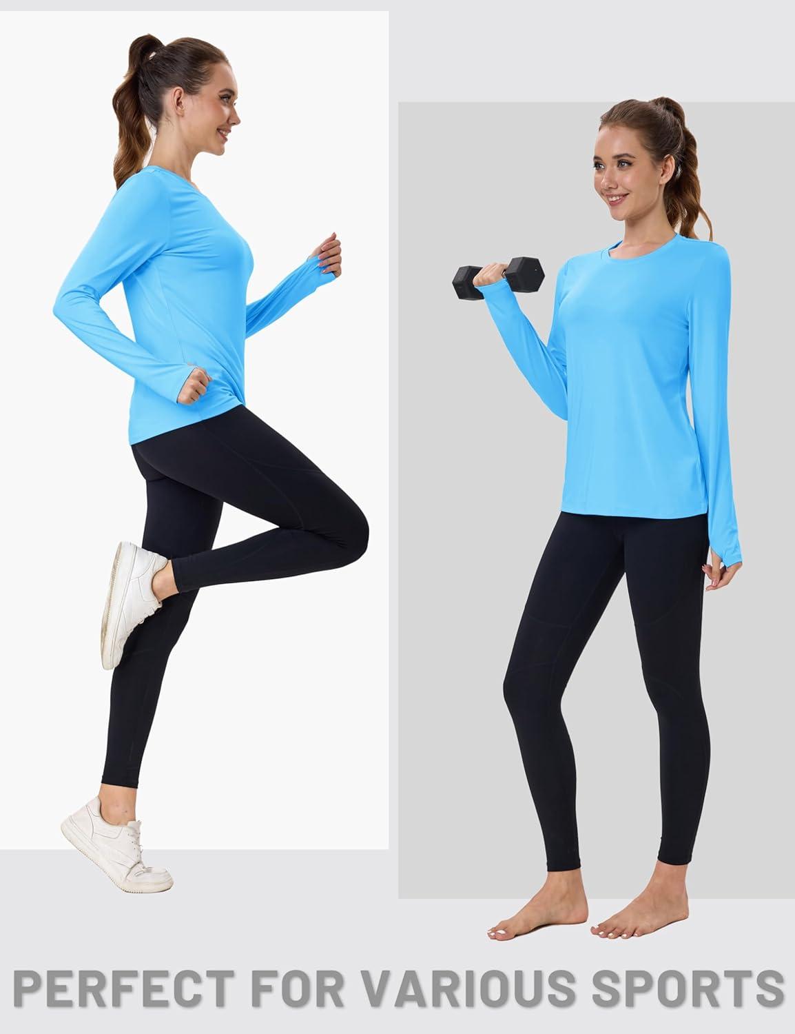 imageMAGCOMSEN Womens Long Sleeve Shirts UPF 80 Quick Dry Athletic Workout Tee Shirts with Thumb Holes Rash Guard Swim TopsIce Blue