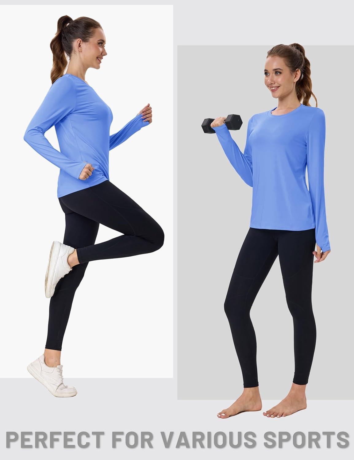 imageMAGCOMSEN Womens Long Sleeve Shirts UPF 80 Quick Dry Athletic Workout Tee Shirts with Thumb Holes Rash Guard Swim TopsLightblue