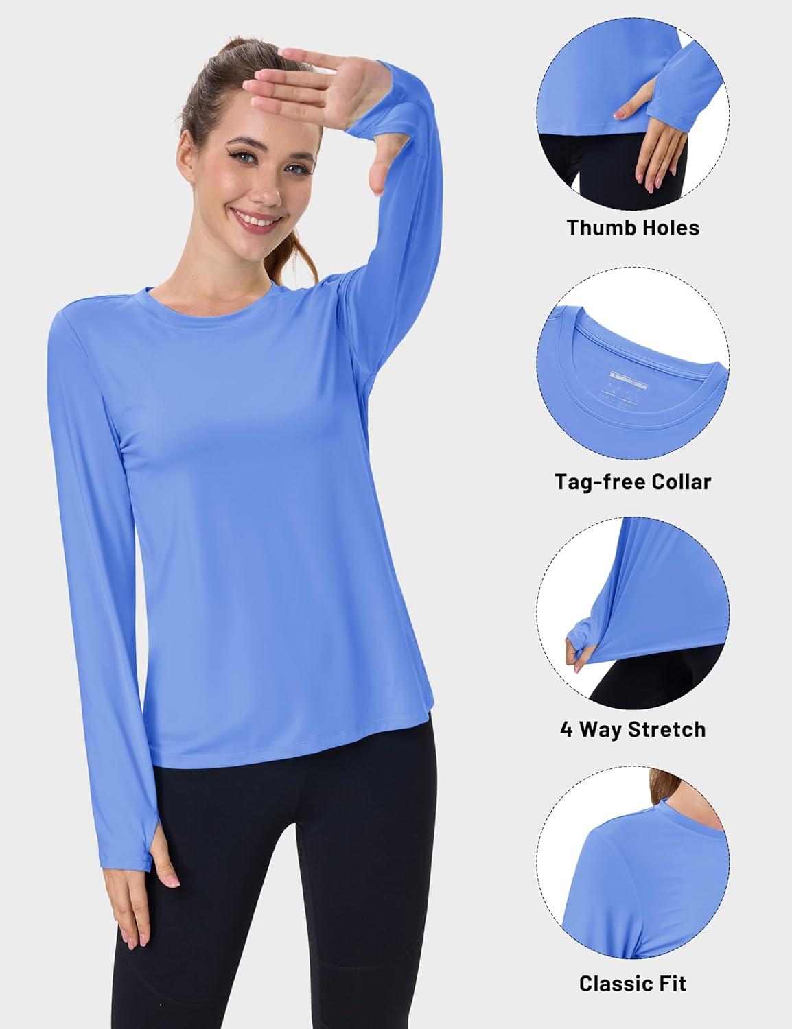 imageMAGCOMSEN Womens Long Sleeve Shirts UPF 80 Quick Dry Athletic Workout Tee Shirts with Thumb Holes Rash Guard Swim TopsLightblue