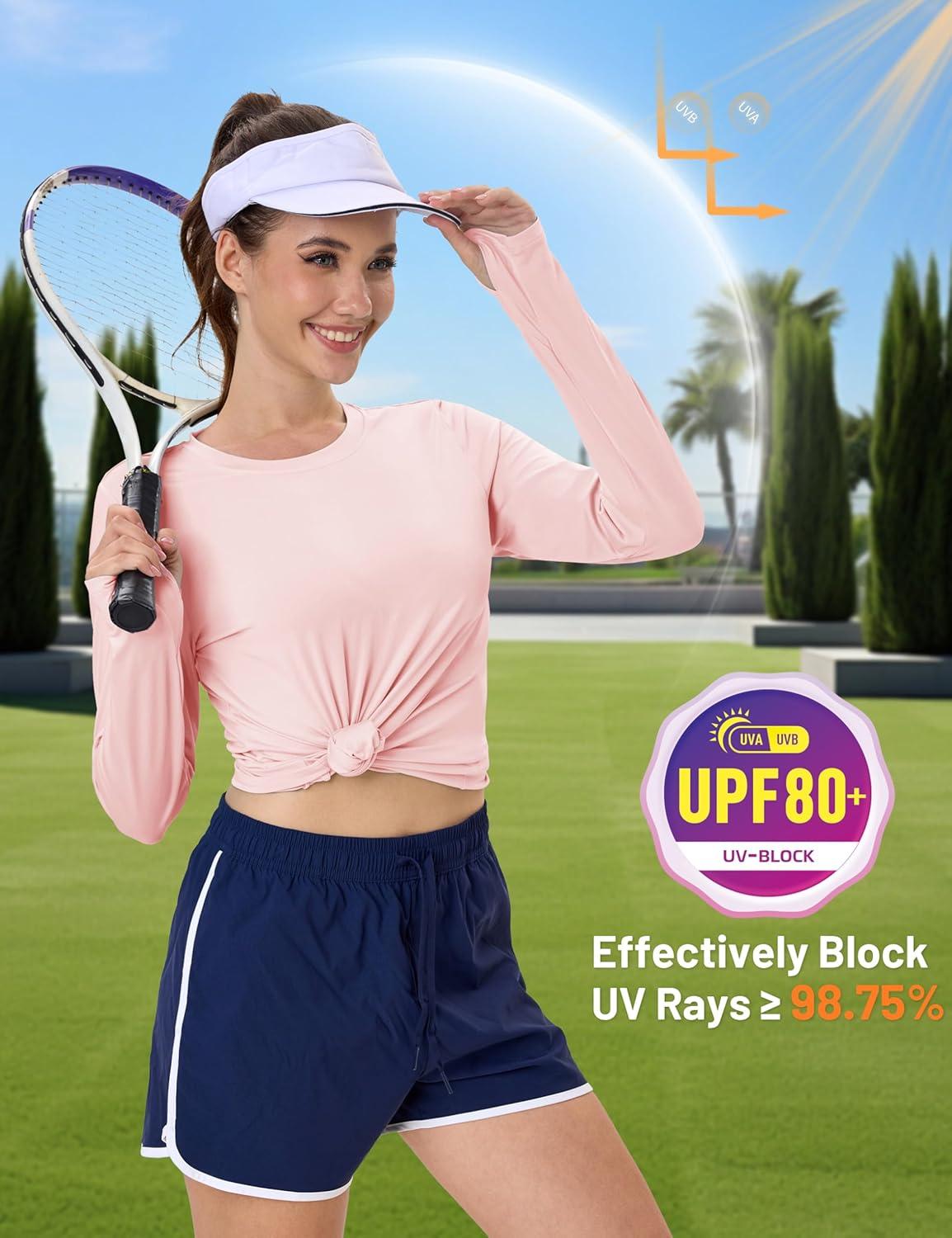 imageMAGCOMSEN Womens Long Sleeve Shirts UPF 80 Quick Dry Athletic Workout Tee Shirts with Thumb Holes Rash Guard Swim TopsLightpink