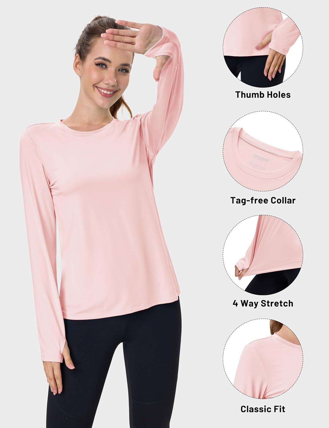 imageMAGCOMSEN Womens Long Sleeve Shirts UPF 80 Quick Dry Athletic Workout Tee Shirts with Thumb Holes Rash Guard Swim TopsLightpink
