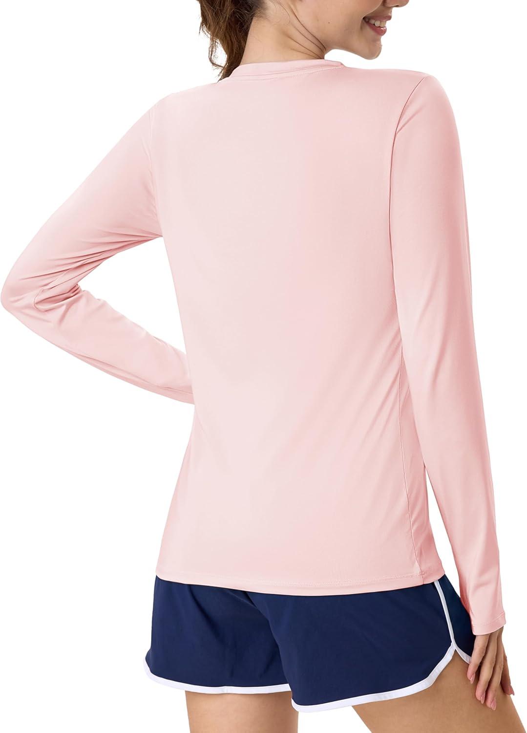 imageMAGCOMSEN Womens Long Sleeve Shirts UPF 80 Quick Dry Athletic Workout Tee Shirts with Thumb Holes Rash Guard Swim TopsLightpink