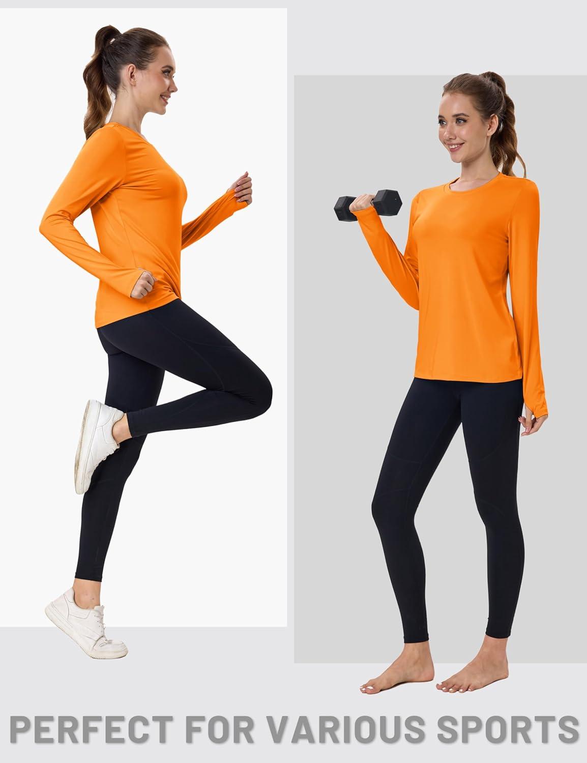 imageMAGCOMSEN Womens Long Sleeve Shirts UPF 80 Quick Dry Athletic Workout Tee Shirts with Thumb Holes Rash Guard Swim TopsNeon Orange