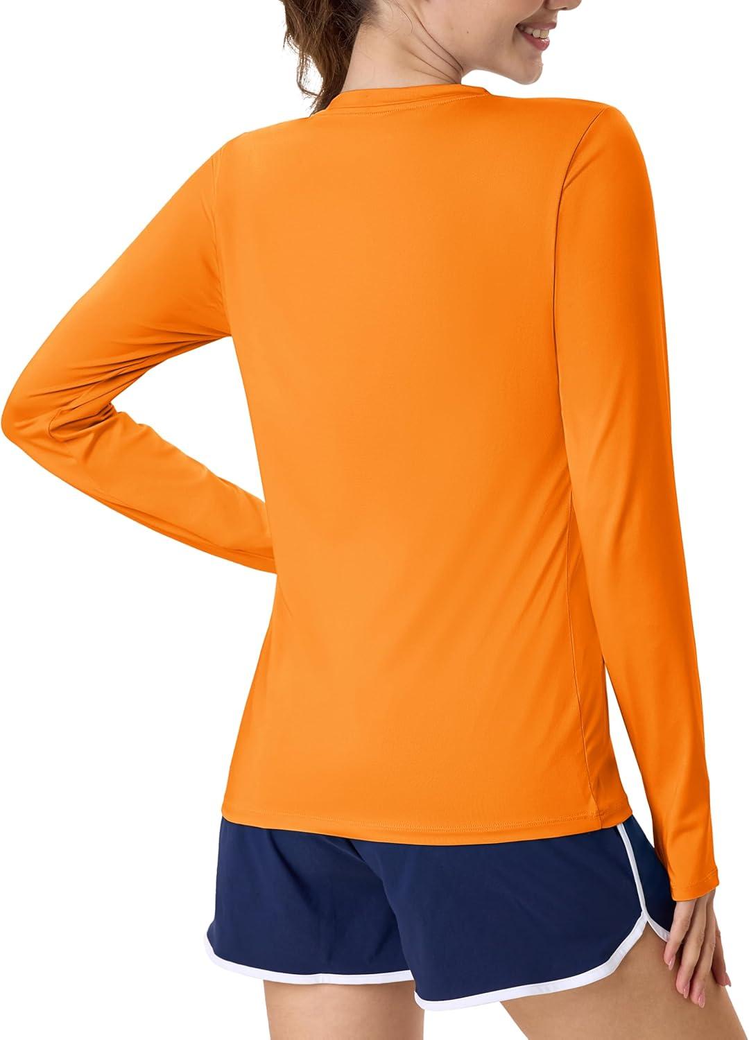 imageMAGCOMSEN Womens Long Sleeve Shirts UPF 80 Quick Dry Athletic Workout Tee Shirts with Thumb Holes Rash Guard Swim TopsNeon Orange