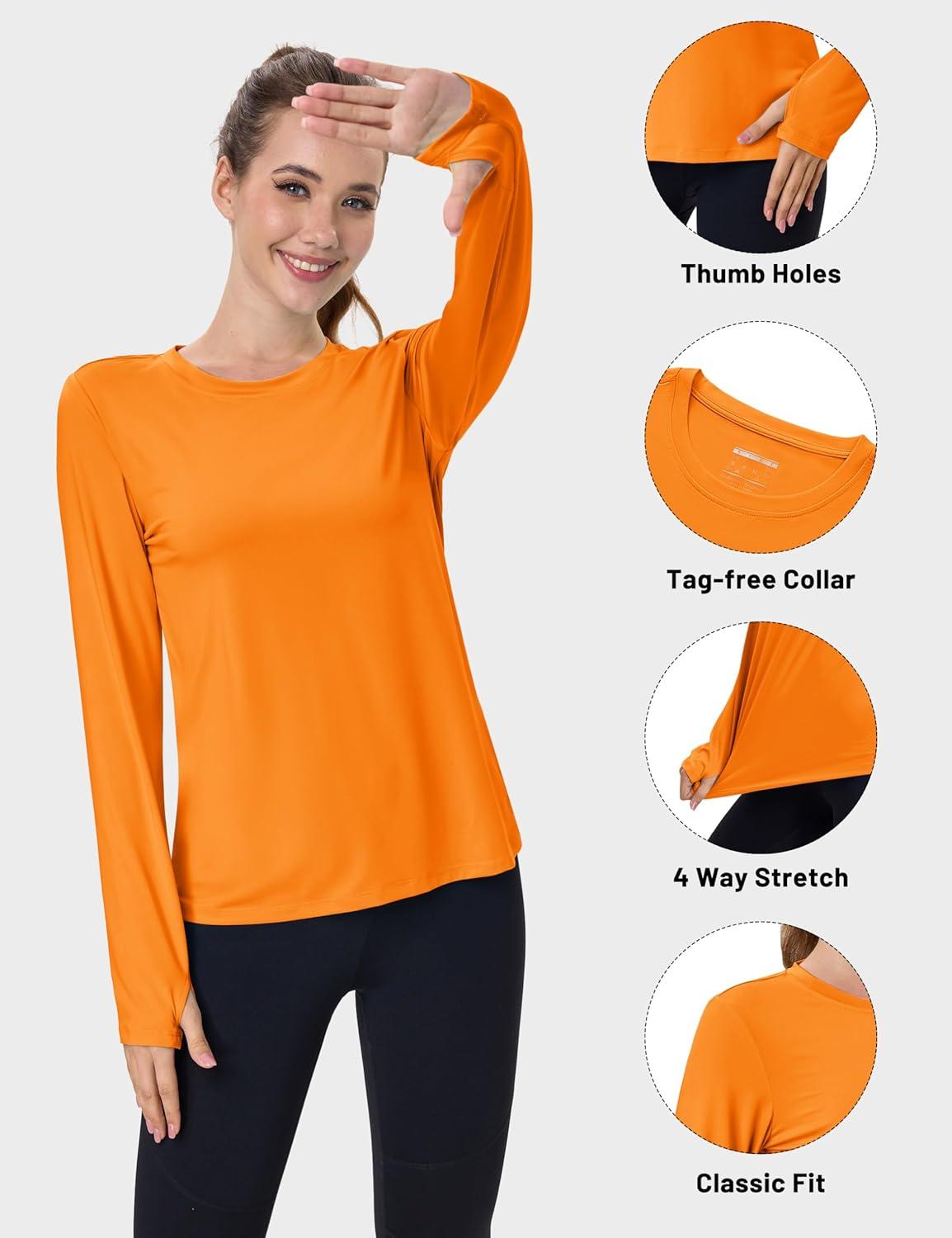 imageMAGCOMSEN Womens Long Sleeve Shirts UPF 80 Quick Dry Athletic Workout Tee Shirts with Thumb Holes Rash Guard Swim TopsNeon Orange