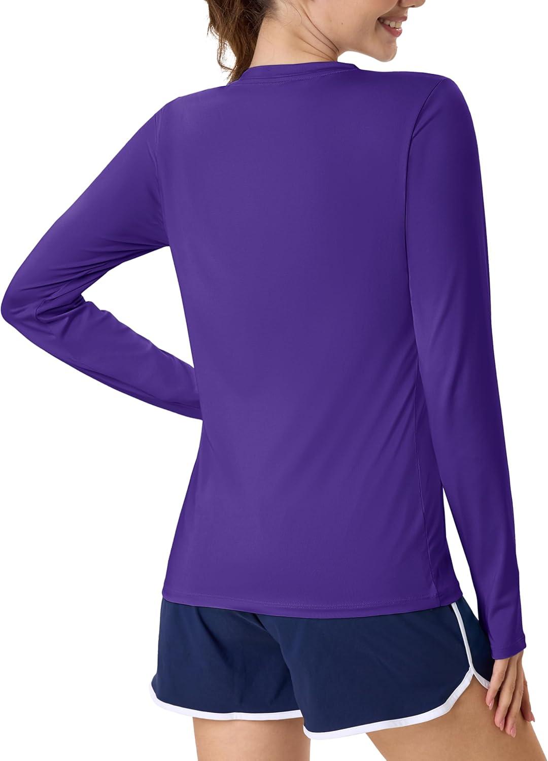 imageMAGCOMSEN Womens Long Sleeve Shirts UPF 80 Quick Dry Athletic Workout Tee Shirts with Thumb Holes Rash Guard Swim TopsPurple