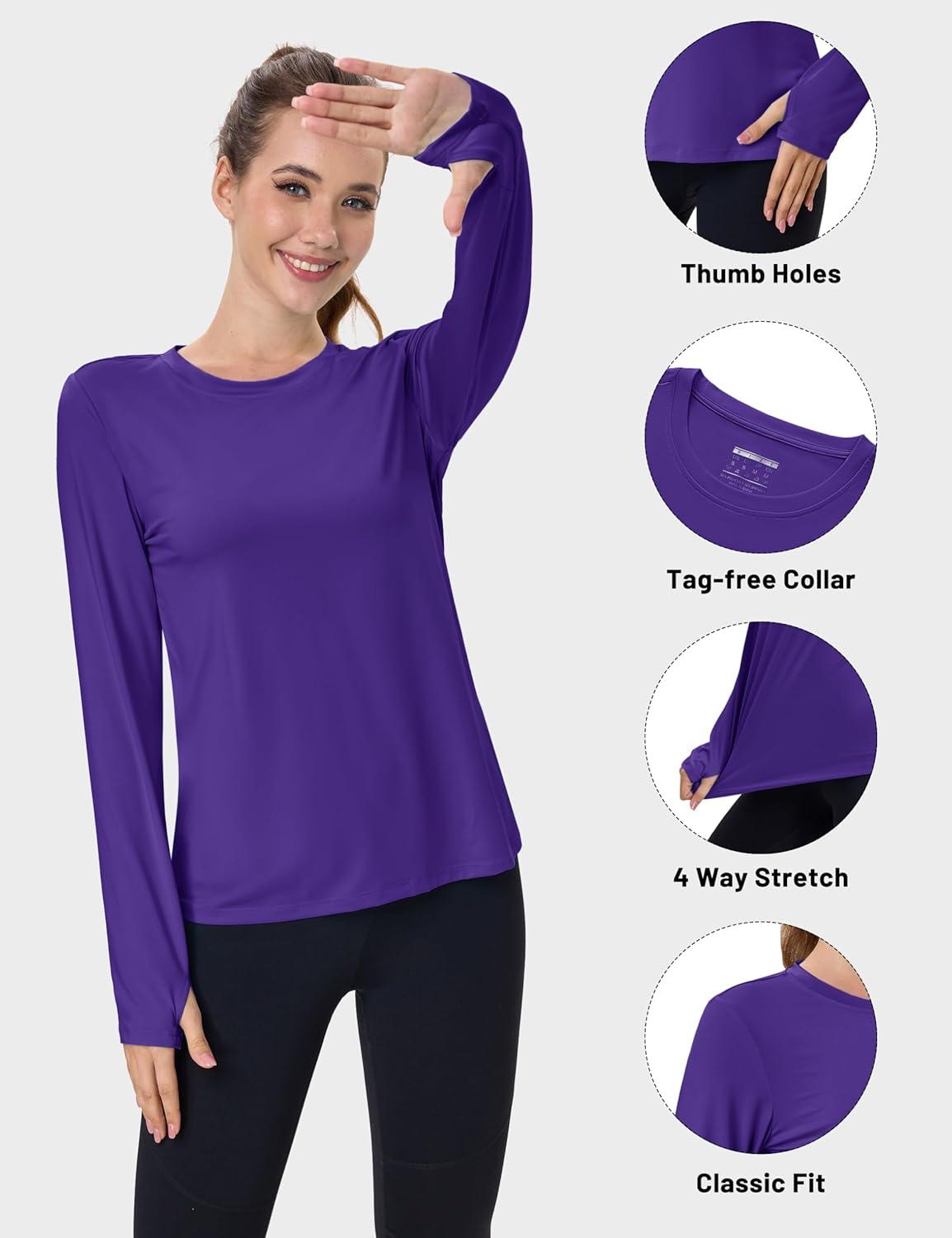imageMAGCOMSEN Womens Long Sleeve Shirts UPF 80 Quick Dry Athletic Workout Tee Shirts with Thumb Holes Rash Guard Swim TopsPurple