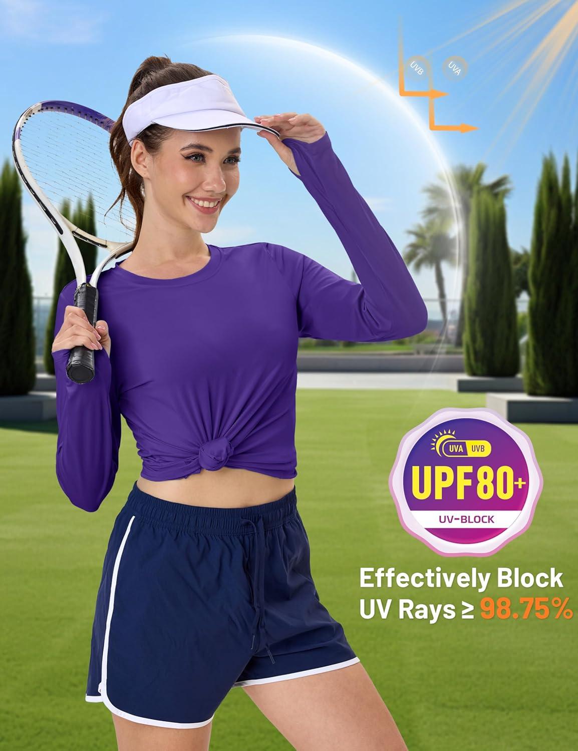 imageMAGCOMSEN Womens Long Sleeve Shirts UPF 80 Quick Dry Athletic Workout Tee Shirts with Thumb Holes Rash Guard Swim TopsPurple