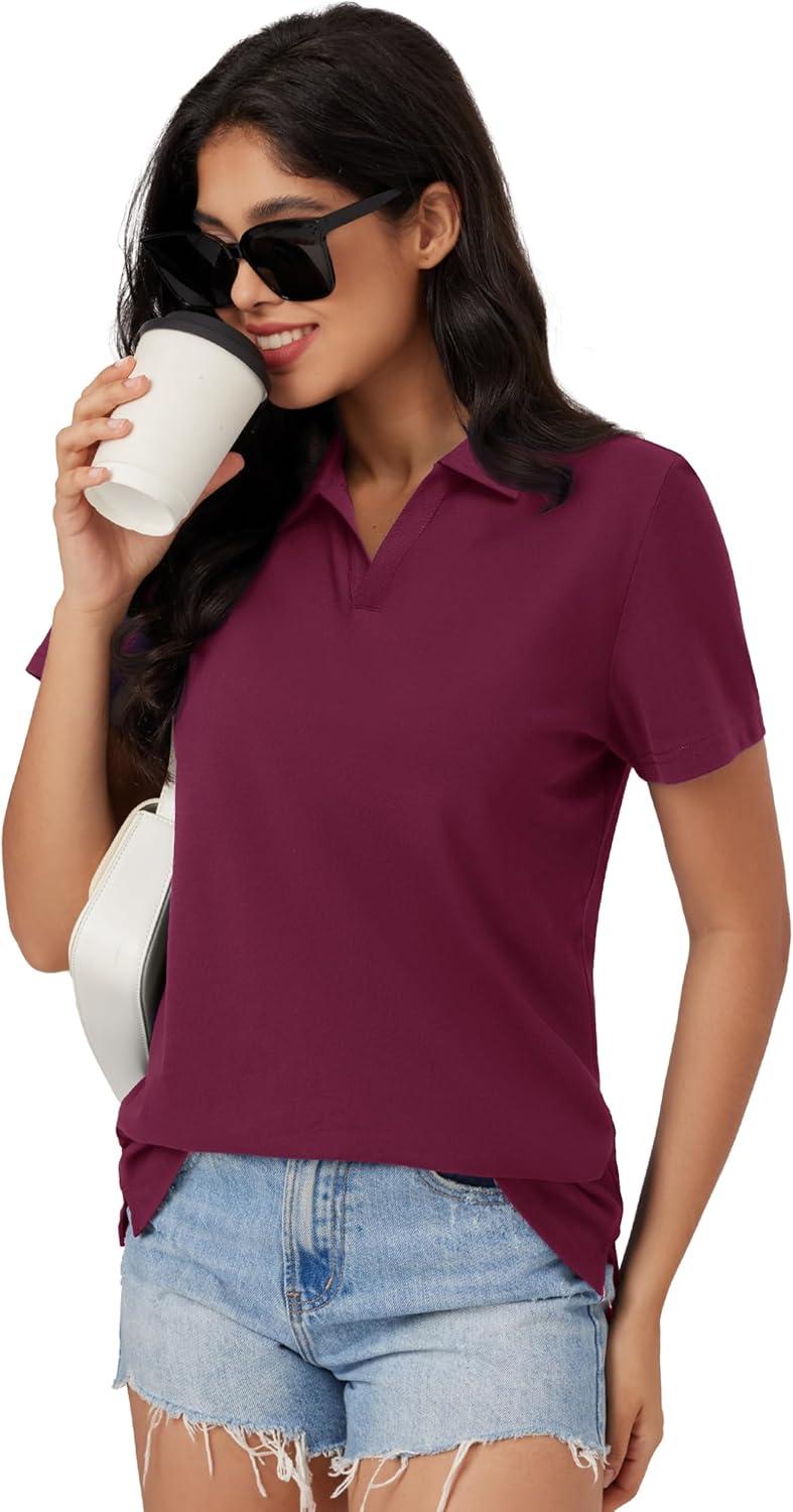 imageMAGCOMSEN Womens Polo Shirts Cotton Short Sleeve VNeck Collared Tops Golf Shirt Work Casual Summer TeeBurgundy
