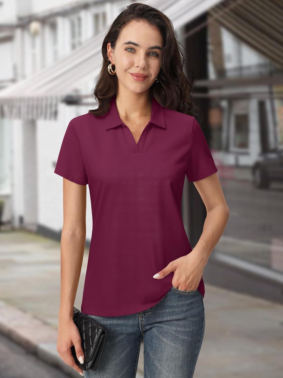 imageMAGCOMSEN Womens Polo Shirts Cotton Short Sleeve VNeck Collared Tops Golf Shirt Work Casual Summer TeeBurgundy