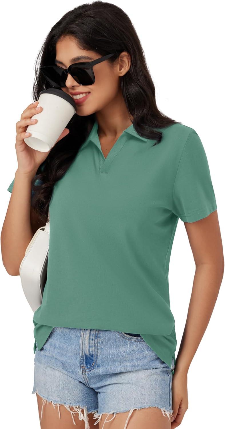 imageMAGCOMSEN Womens Polo Shirts Cotton Short Sleeve VNeck Collared Tops Golf Shirt Work Casual Summer TeeFerngreen