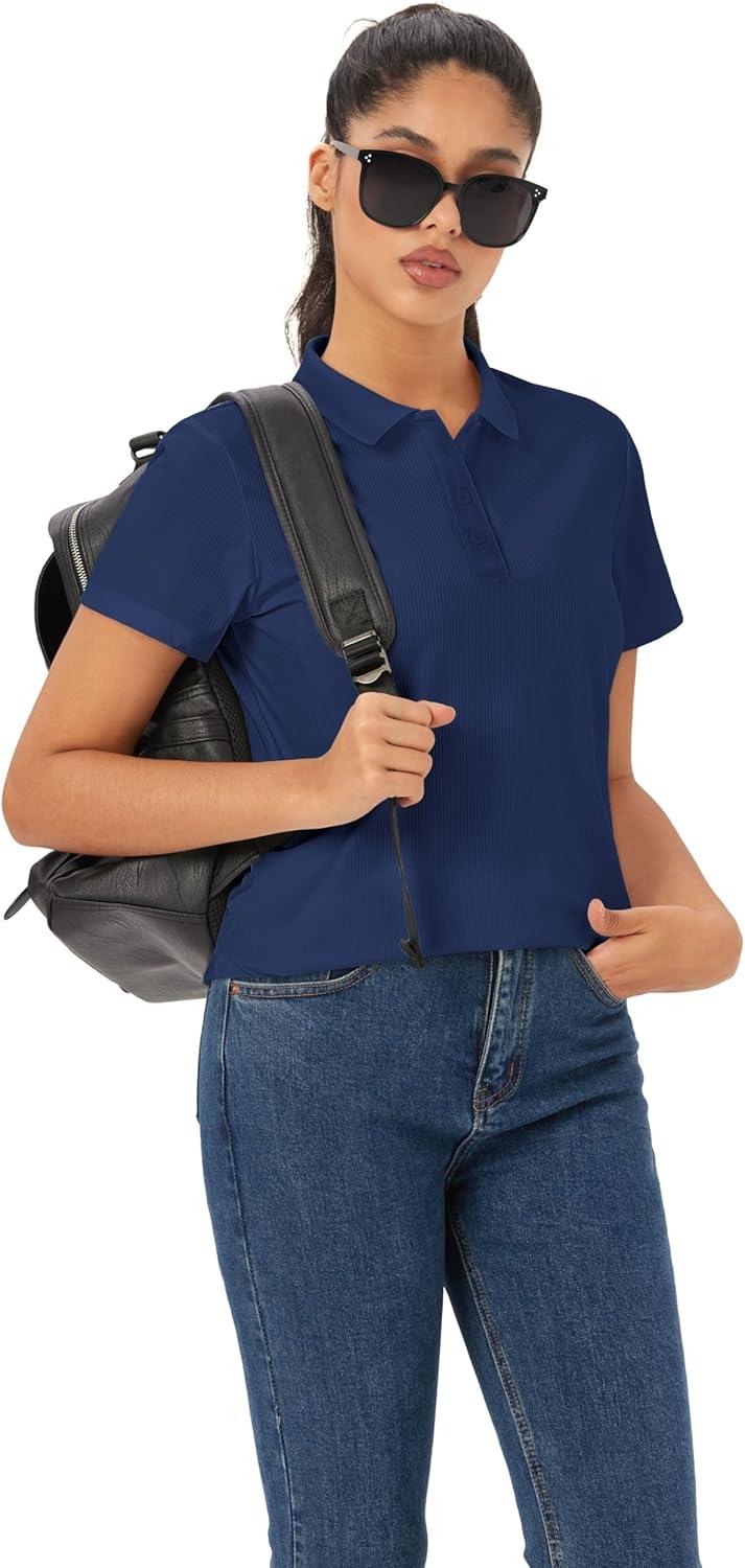imageMAGCOMSEN Womens Polo Shirts Cotton Short Sleeve VNeck Collared Tops Golf Shirt Work Casual Summer TeeNavy